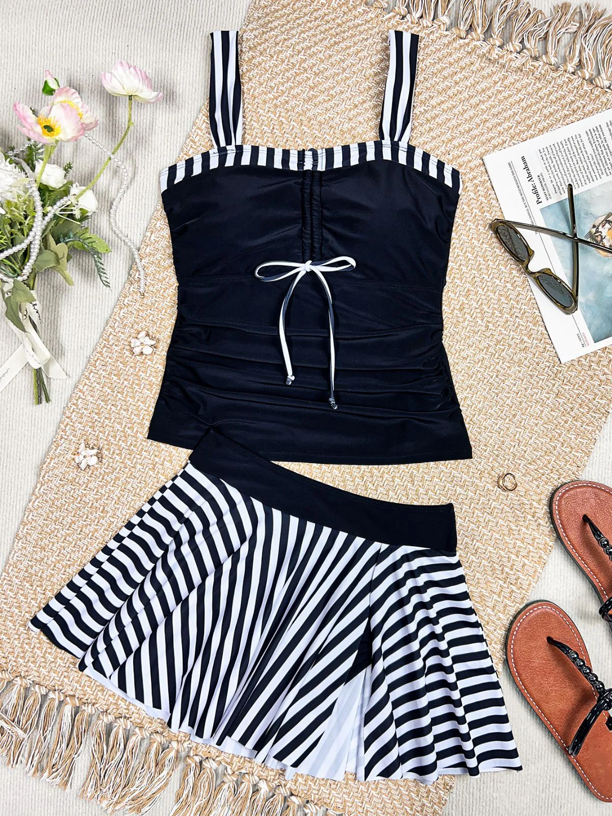 Black 1950s Striped Colorblock Ruched Tankini Set - Image 5