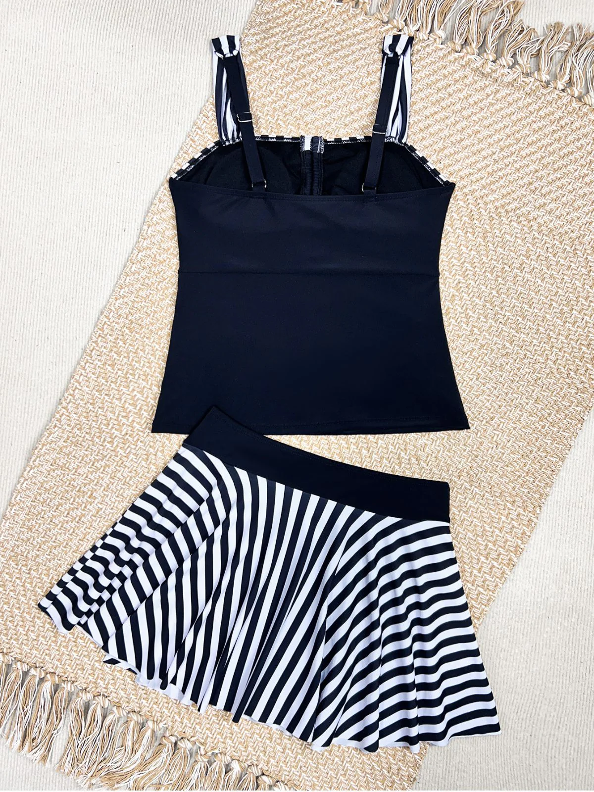 Black 1950s Striped Colorblock Ruched Tankini Set - Image 6