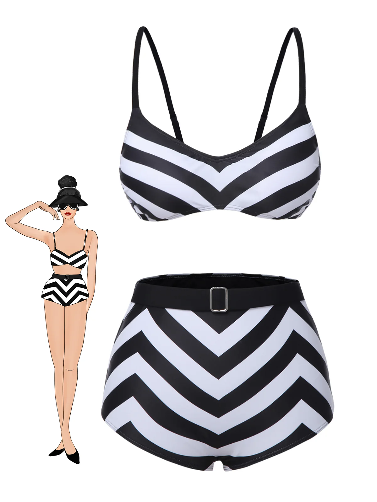 Black 1950s Striped Spaghetti Strap Swimsuit - Image 2