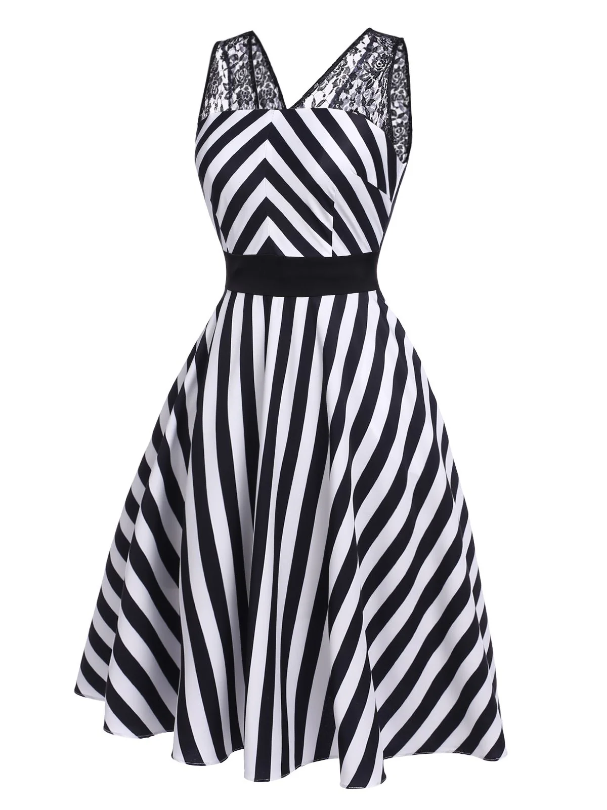 Black 1950s Stripes Lace Swing Dress - Image 2