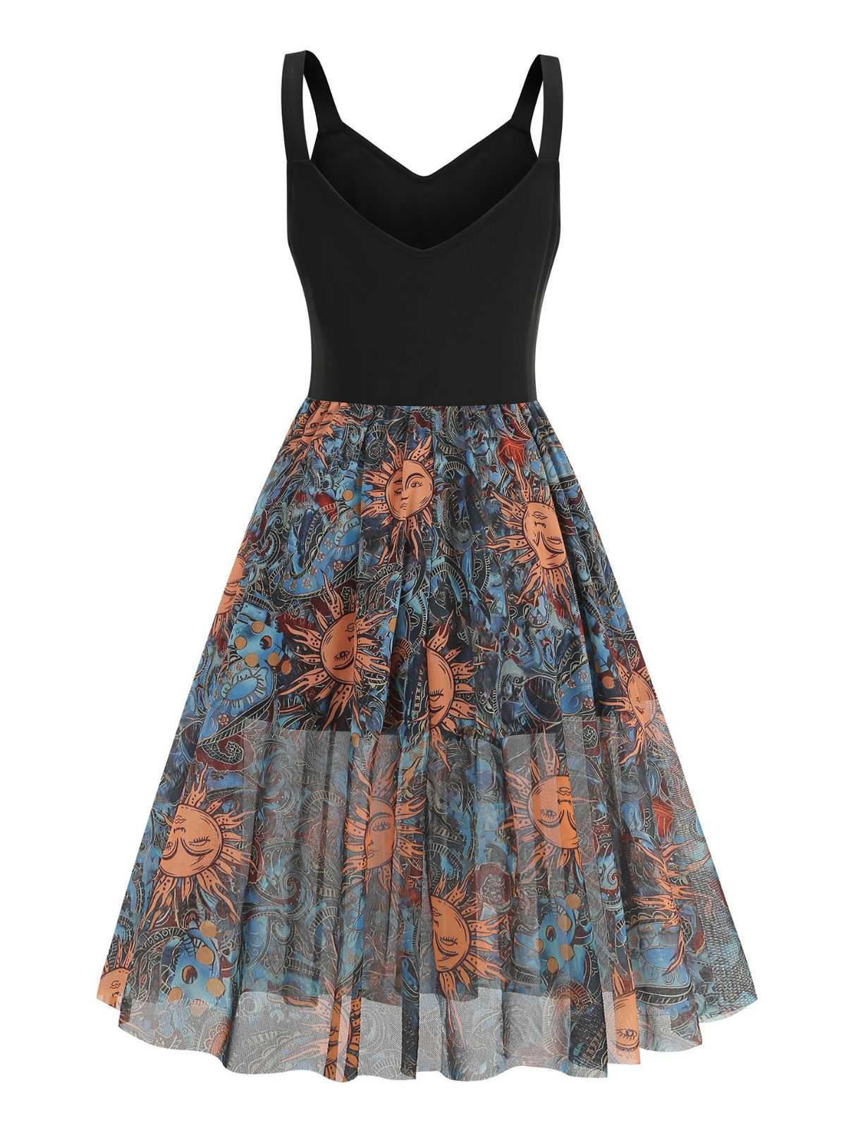 Black 1950s Sun Face Print Sleeveless A-line Dress - Image 2