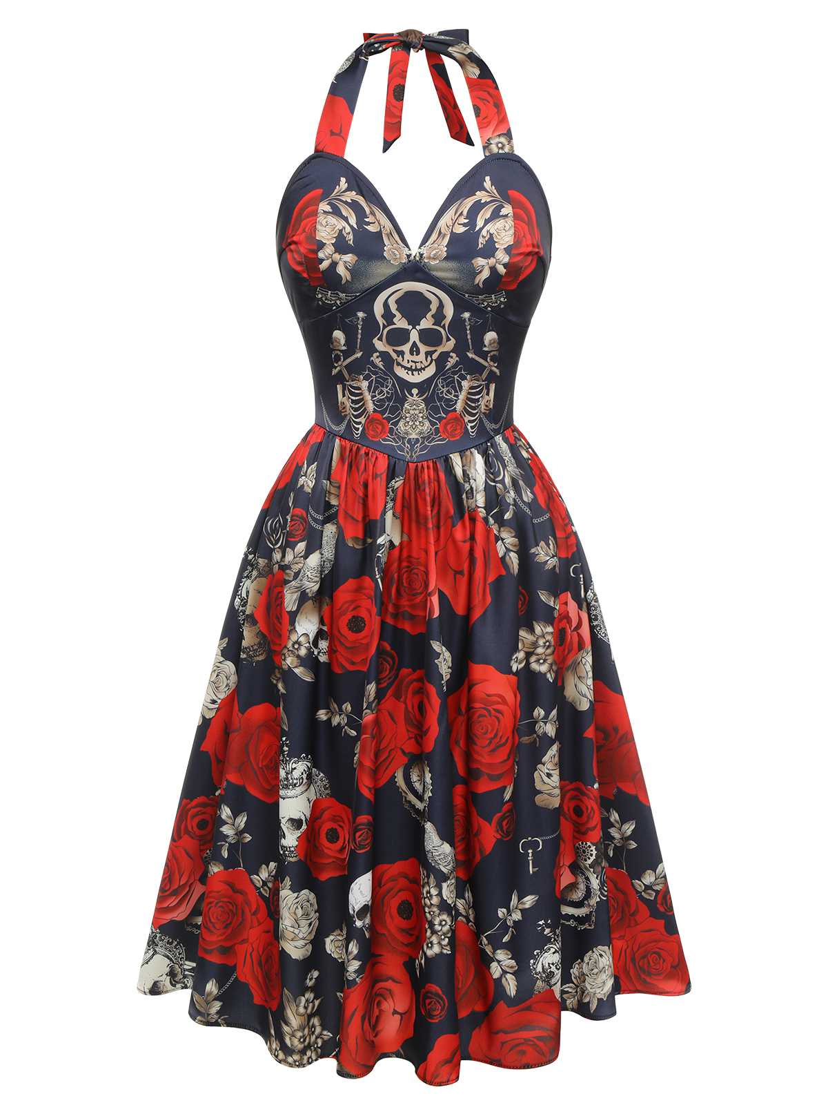 Black 1950s Sweetheart Skeleton Rose Swing Dress - Image 2