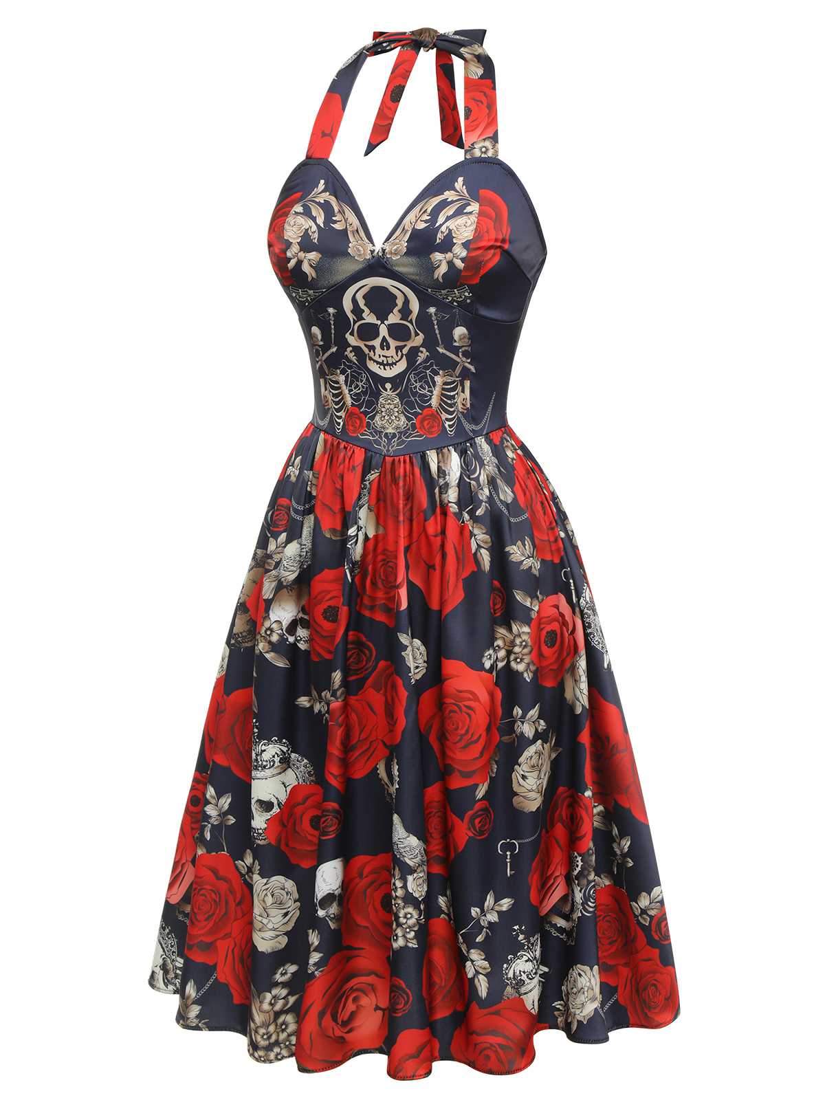 Black 1950s Sweetheart Skeleton Rose Swing Dress - Image 3