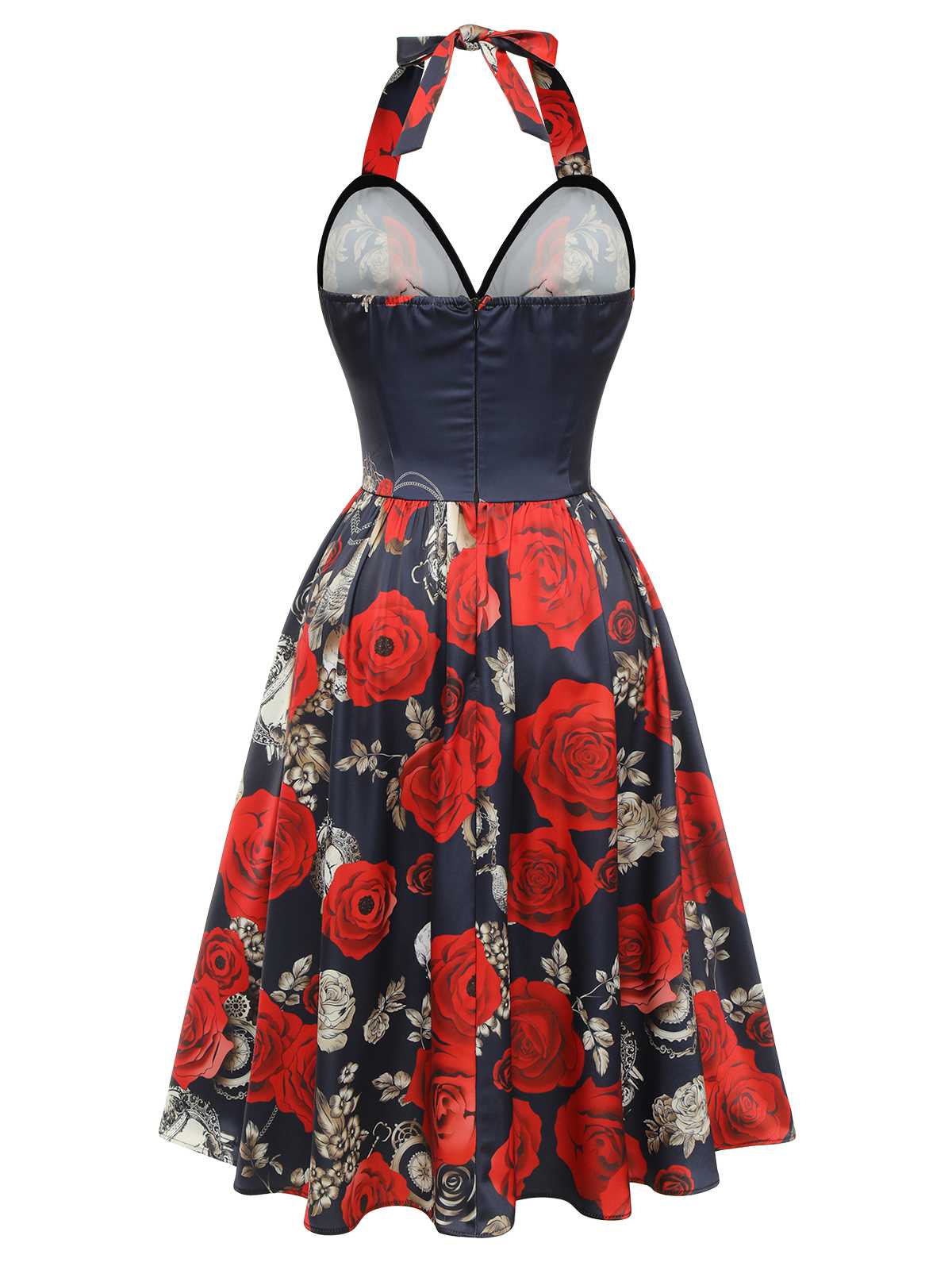 Black 1950s Sweetheart Skeleton Rose Swing Dress - Image 4