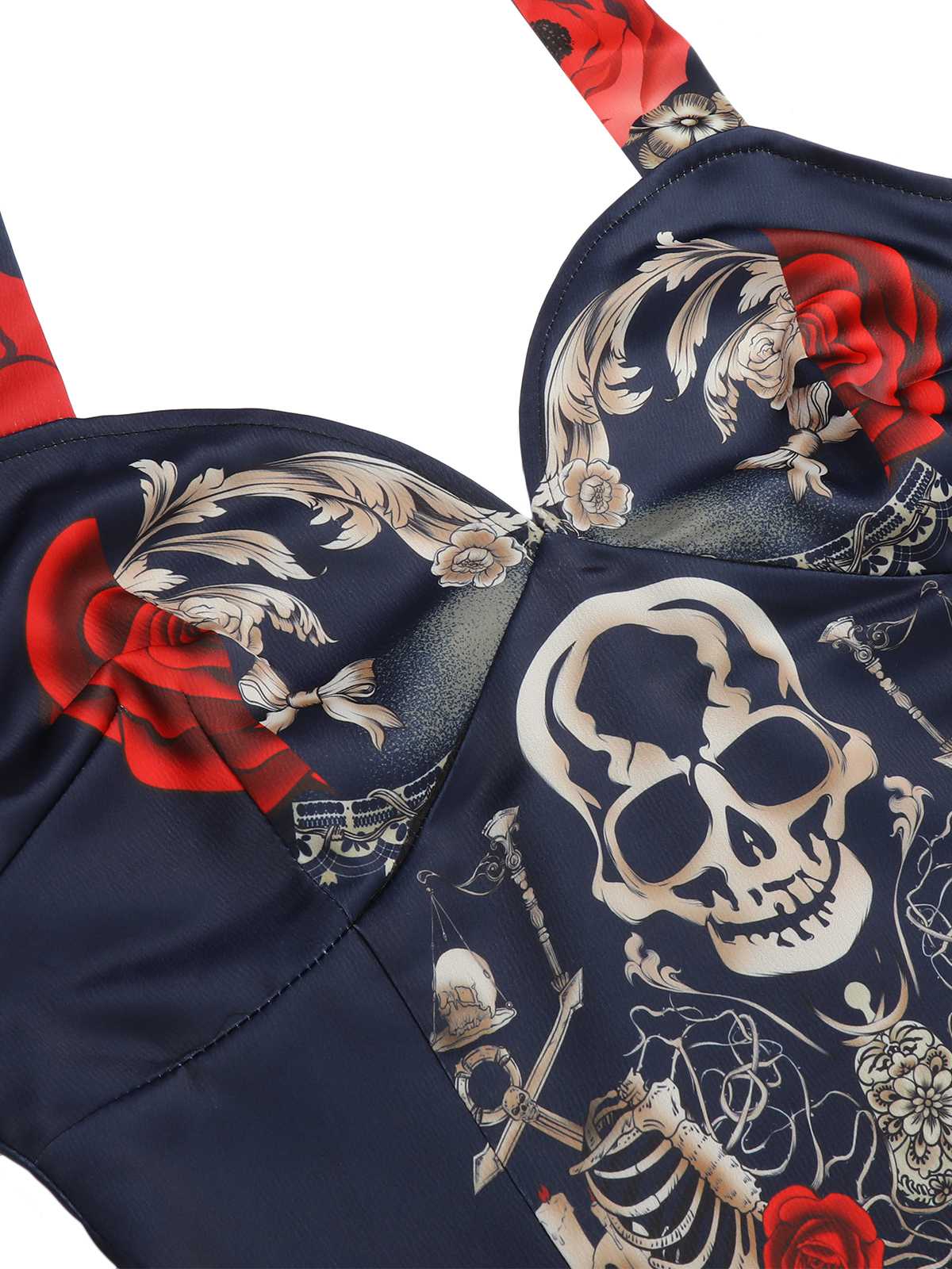 Black 1950s Sweetheart Skeleton Rose Swing Dress - Image 5
