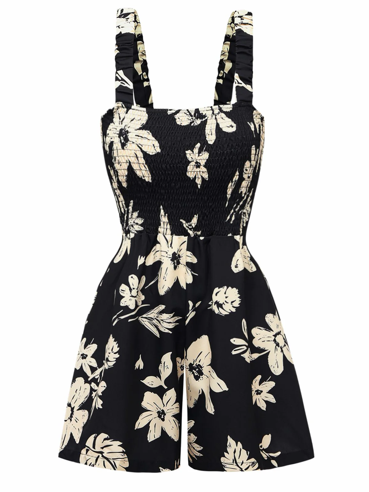 Black 1950s Tropical Botanical Print Square Neck Romper - Image 2
