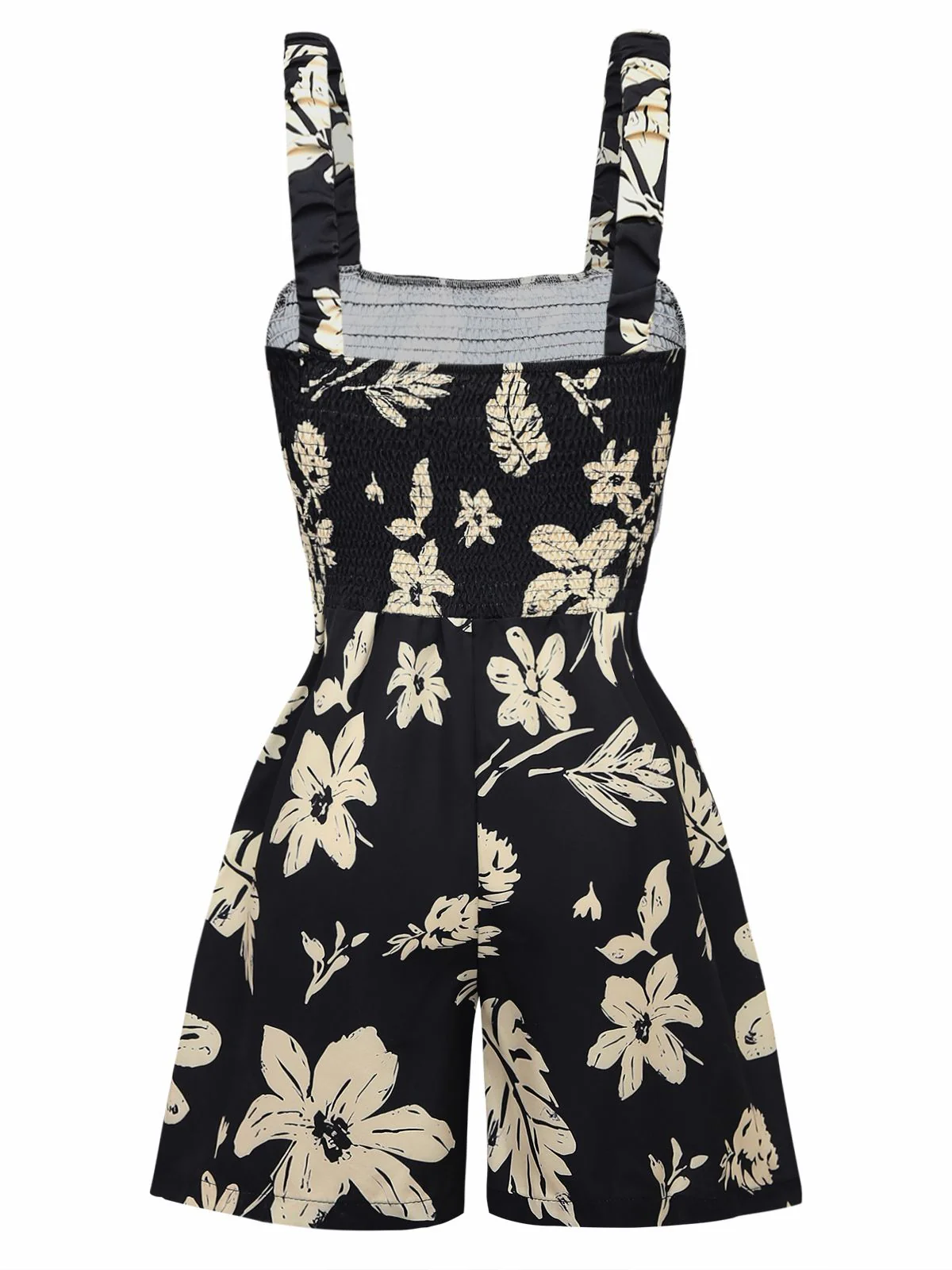 Black 1950s Tropical Botanical Print Square Neck Romper - Image 3