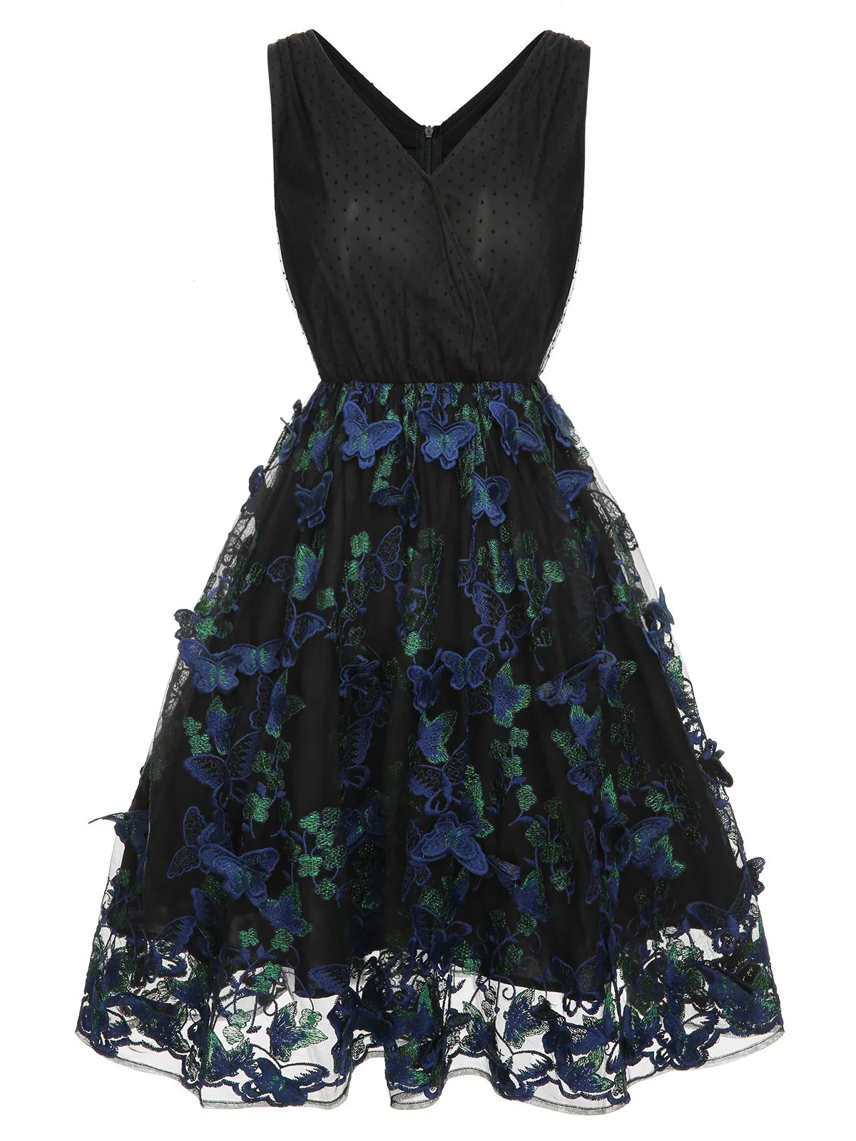 Black 1950s V-Neck 3D Butterfly Mesh Dress - Image 2