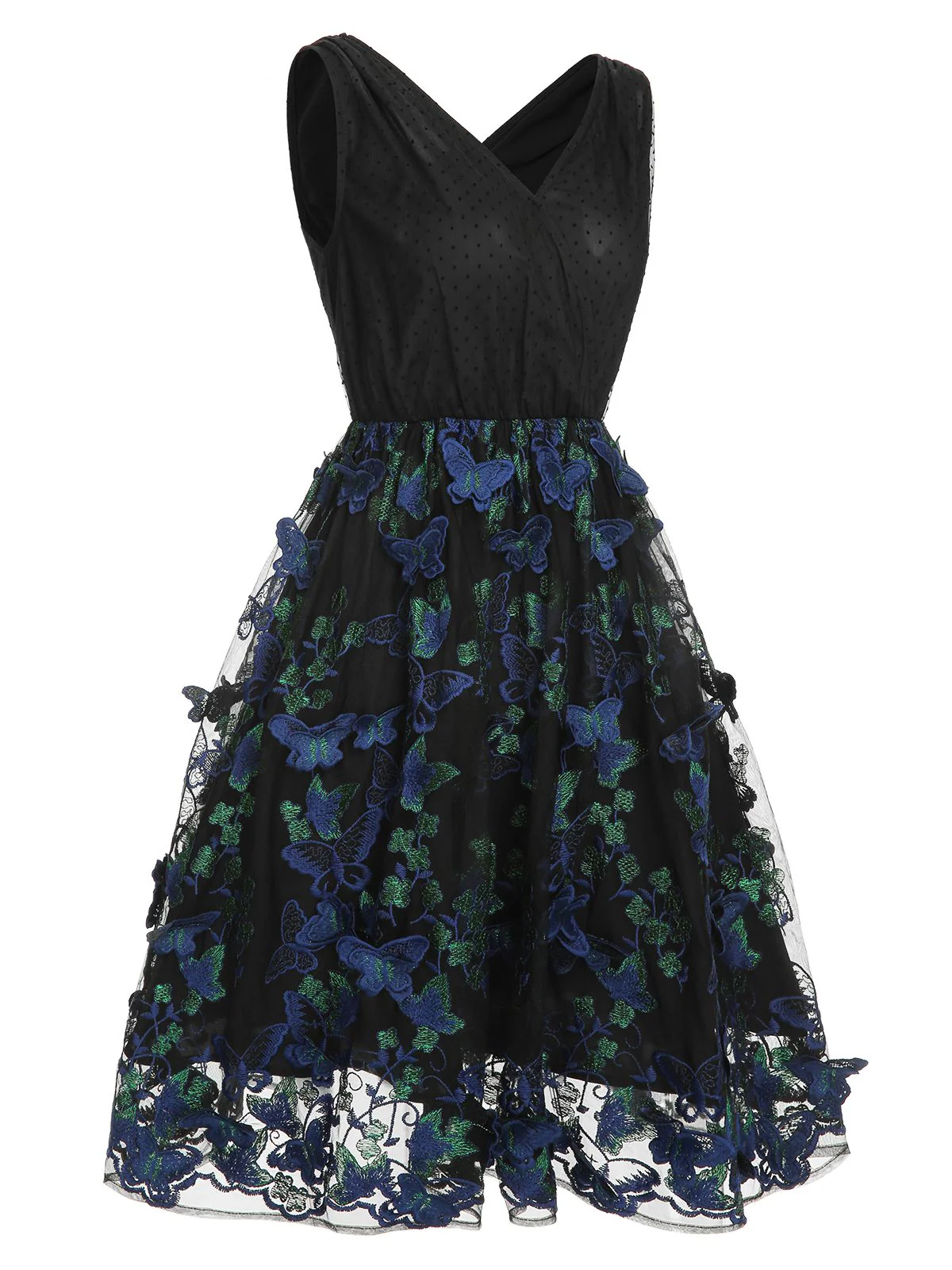 Black 1950s V-Neck 3D Butterfly Mesh Dress - Image 3