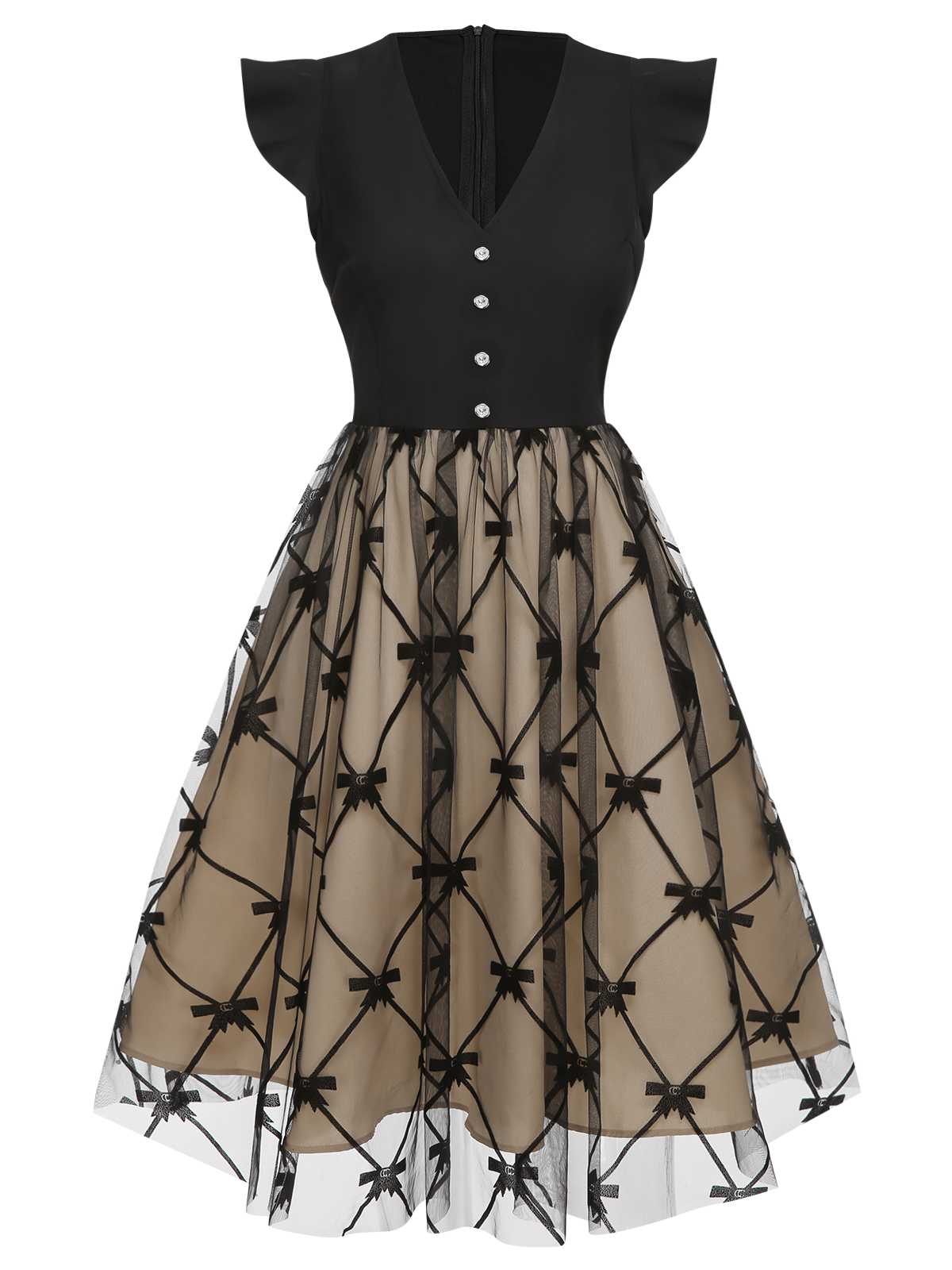 Black 1950s V-Neck Bow Mesh Dress - Image 2