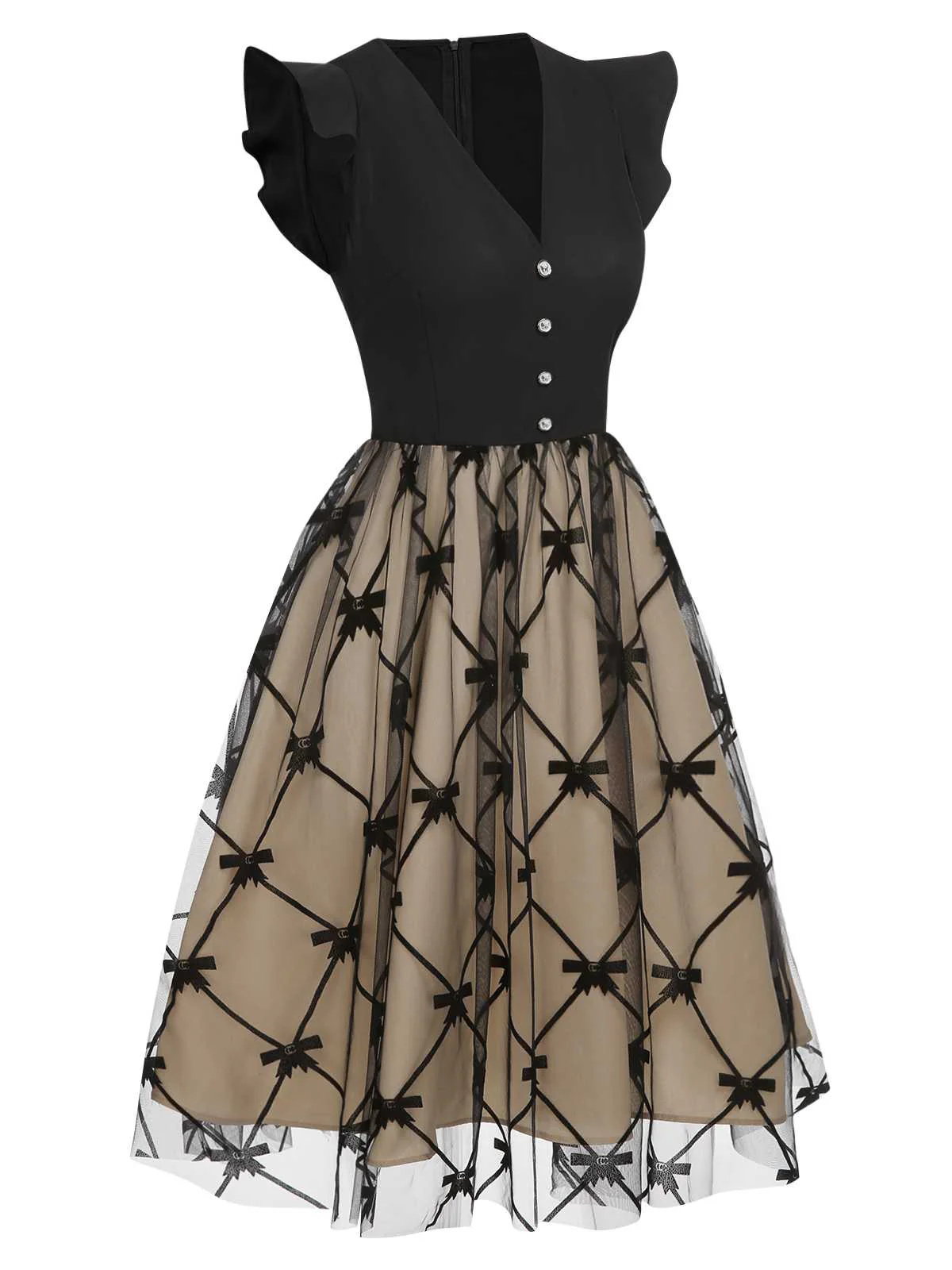 Black 1950s V-Neck Bow Mesh Dress - Image 3
