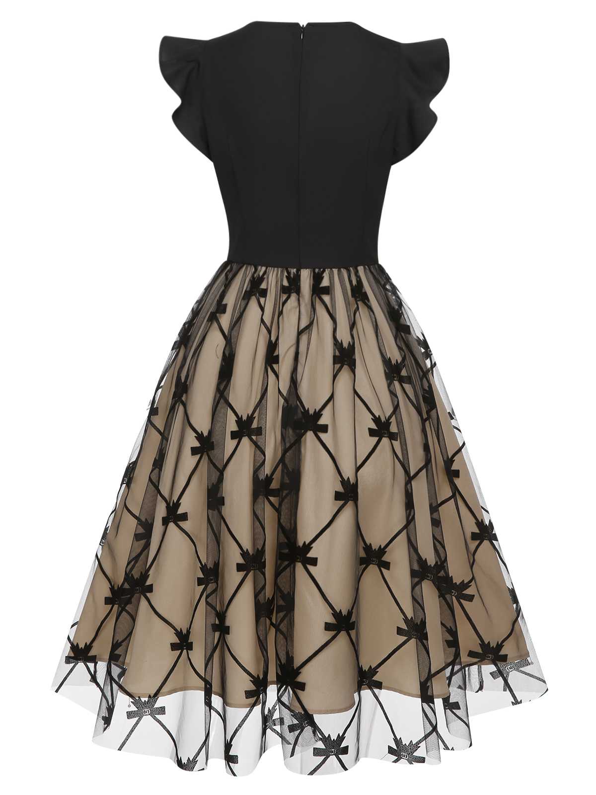 Black 1950s V-Neck Bow Mesh Dress - Image 4