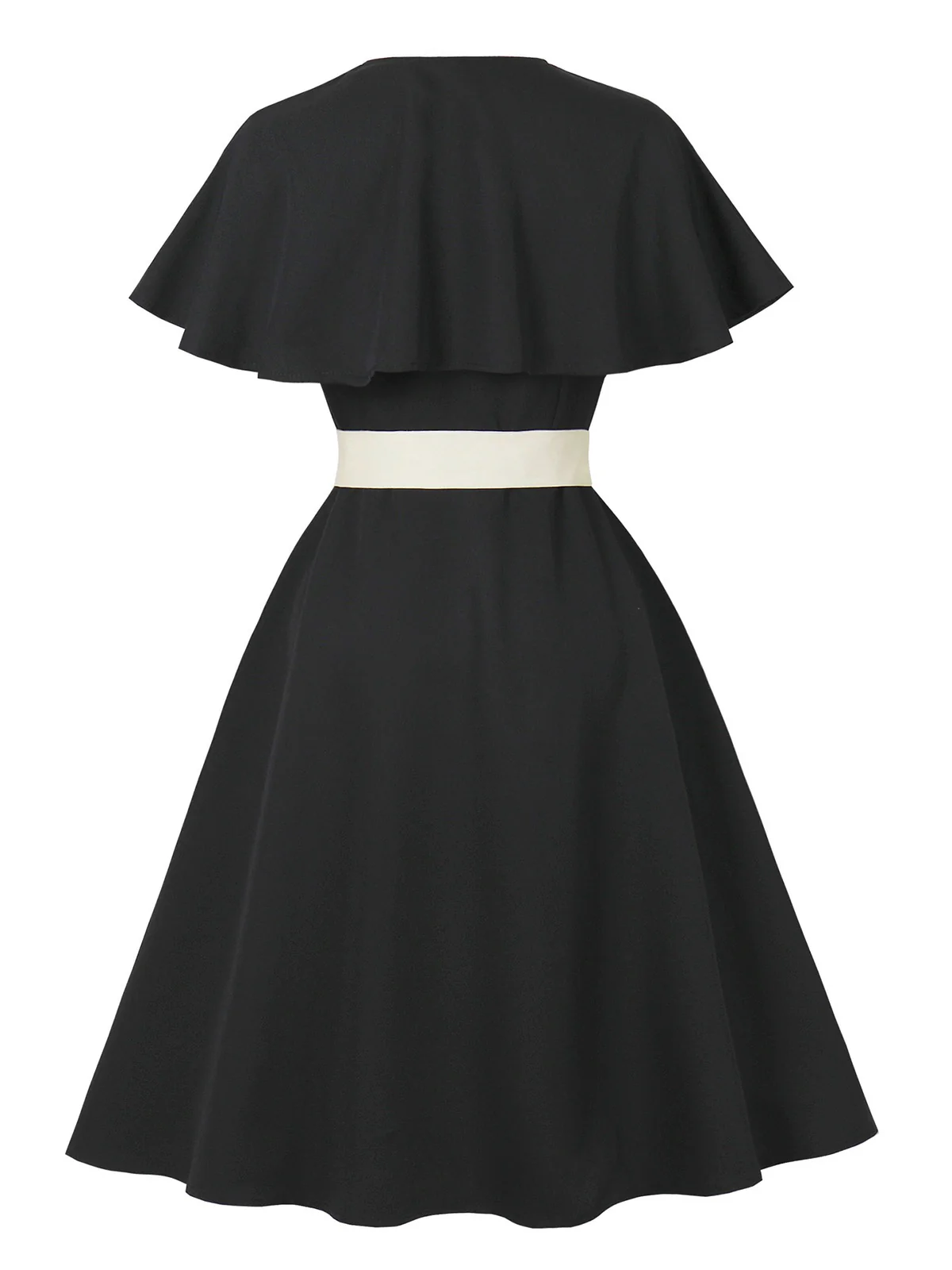 Black 1950s V-Neck Cloak Belted Dress - Image 2