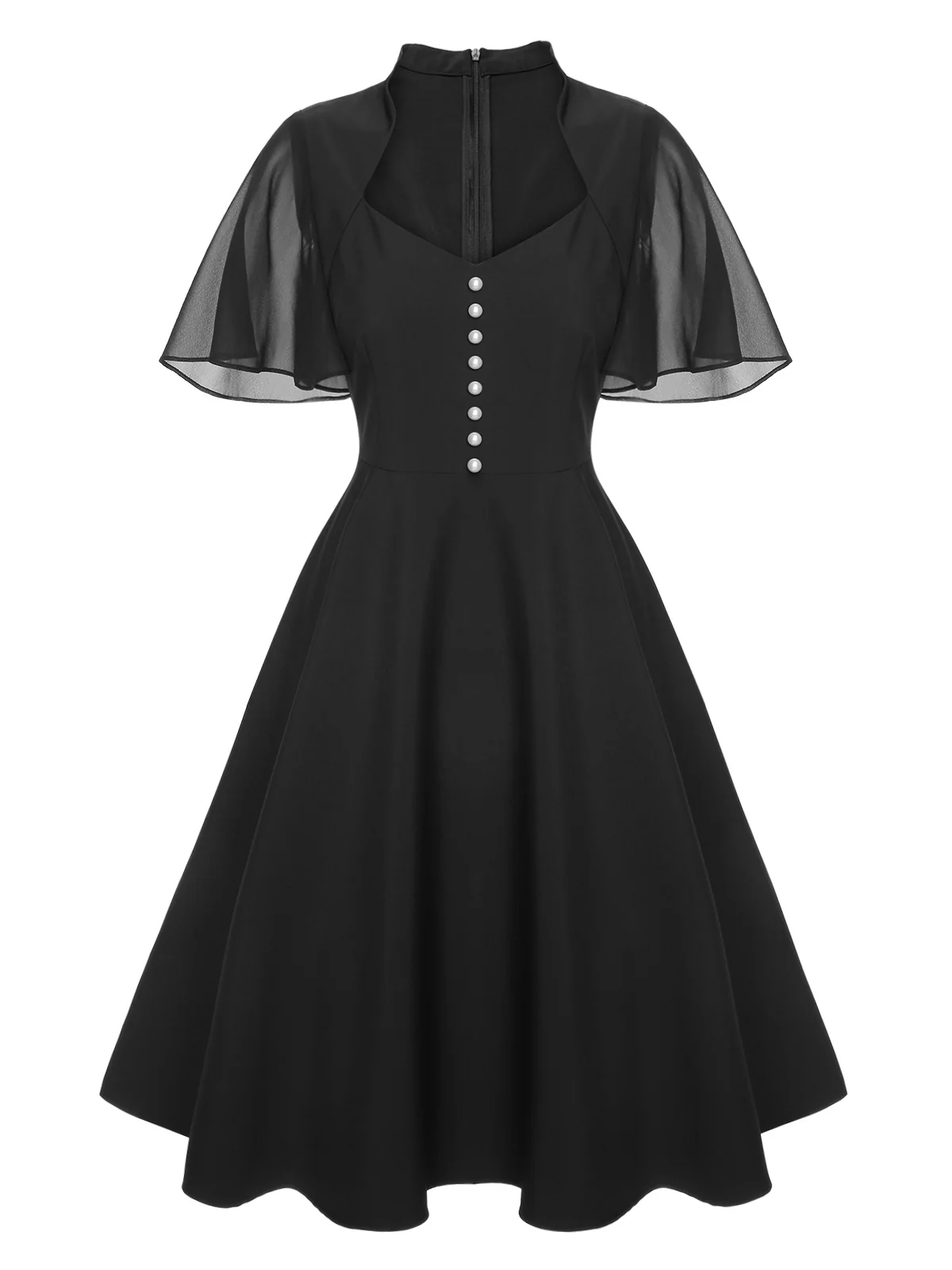 Black 1950s V-Neck Pearl Buttons Dress - Image 2
