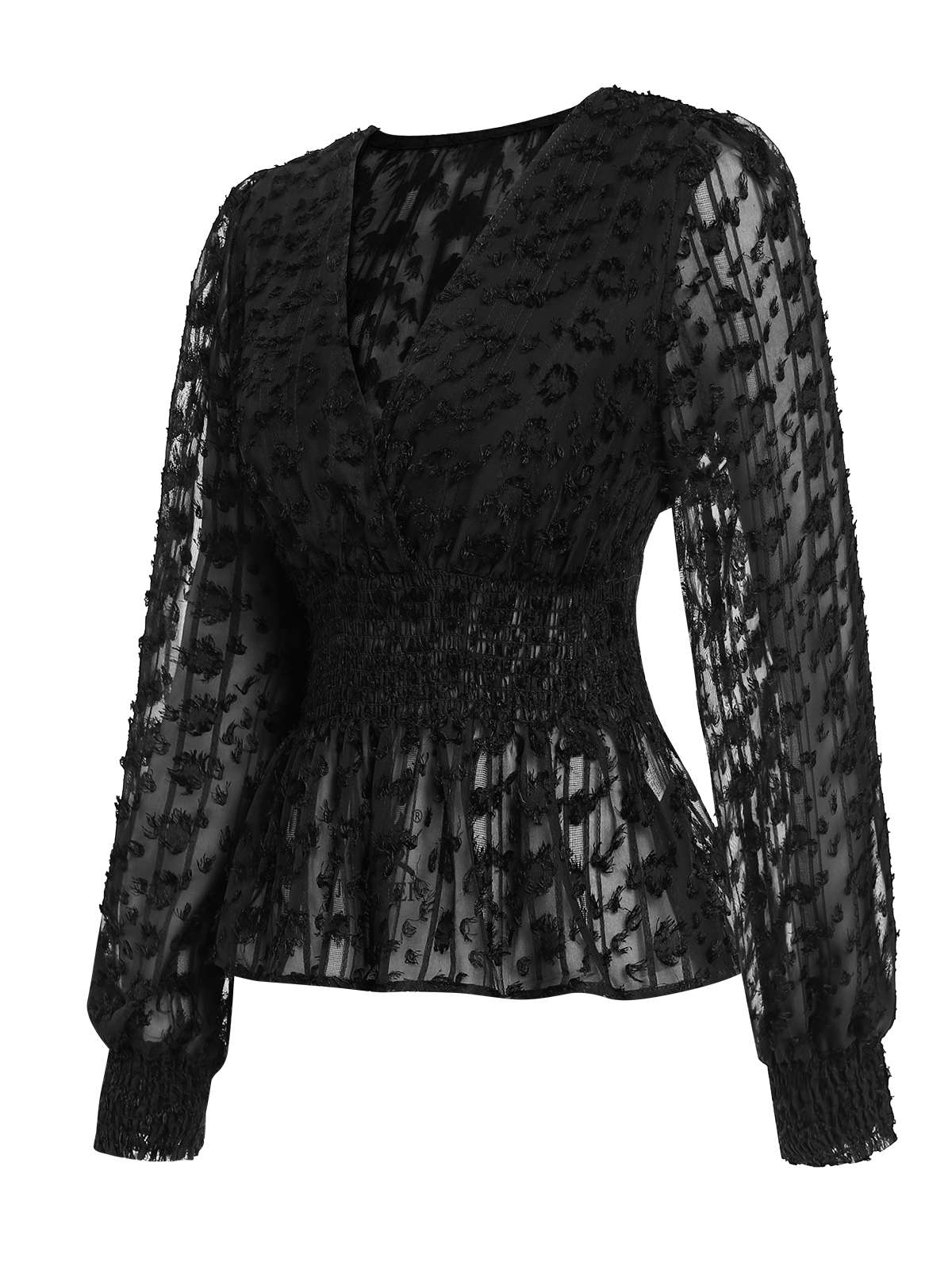 Black 1950s V-Neck Smocked Translucent Top - Image 2