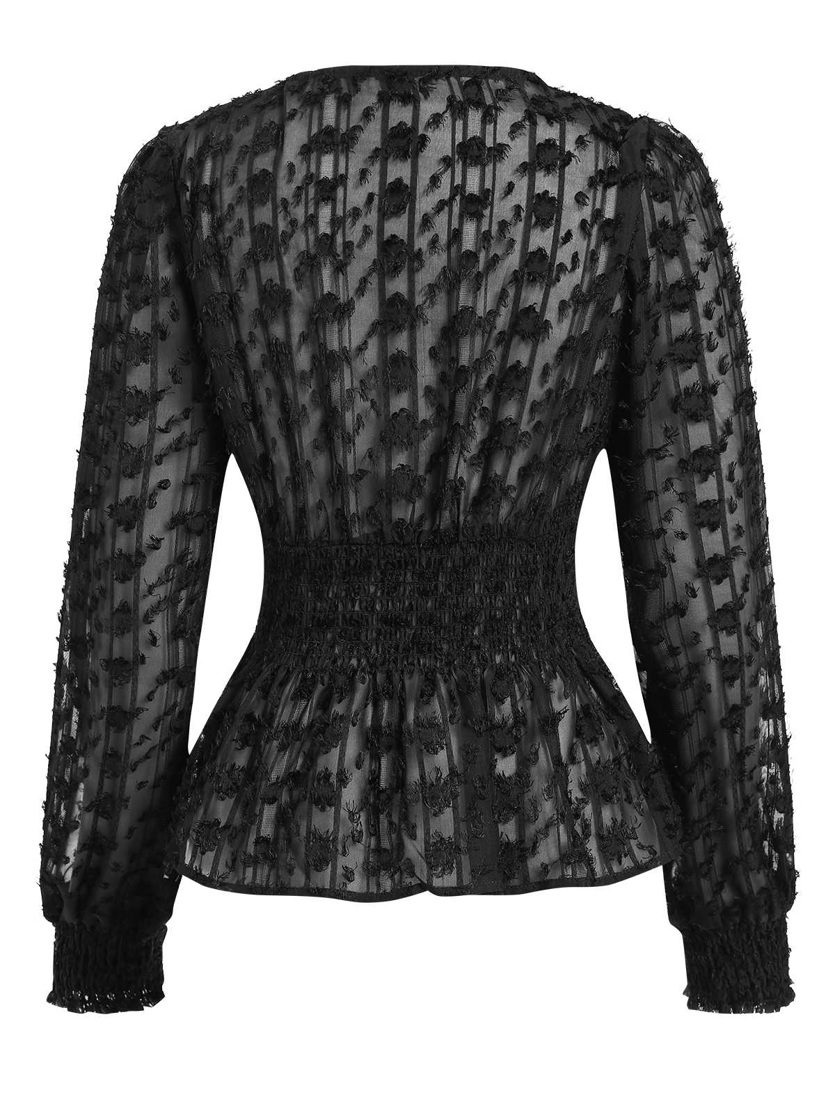 Black 1950s V-Neck Smocked Translucent Top - Image 3