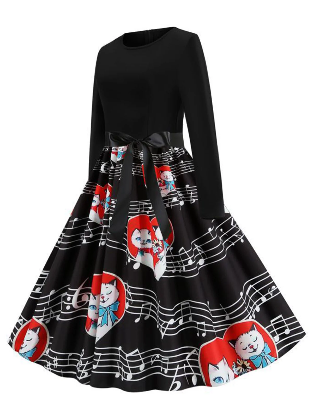 Black 1950s Valentine Cats & Music Note Patchwork Dress - Image 2