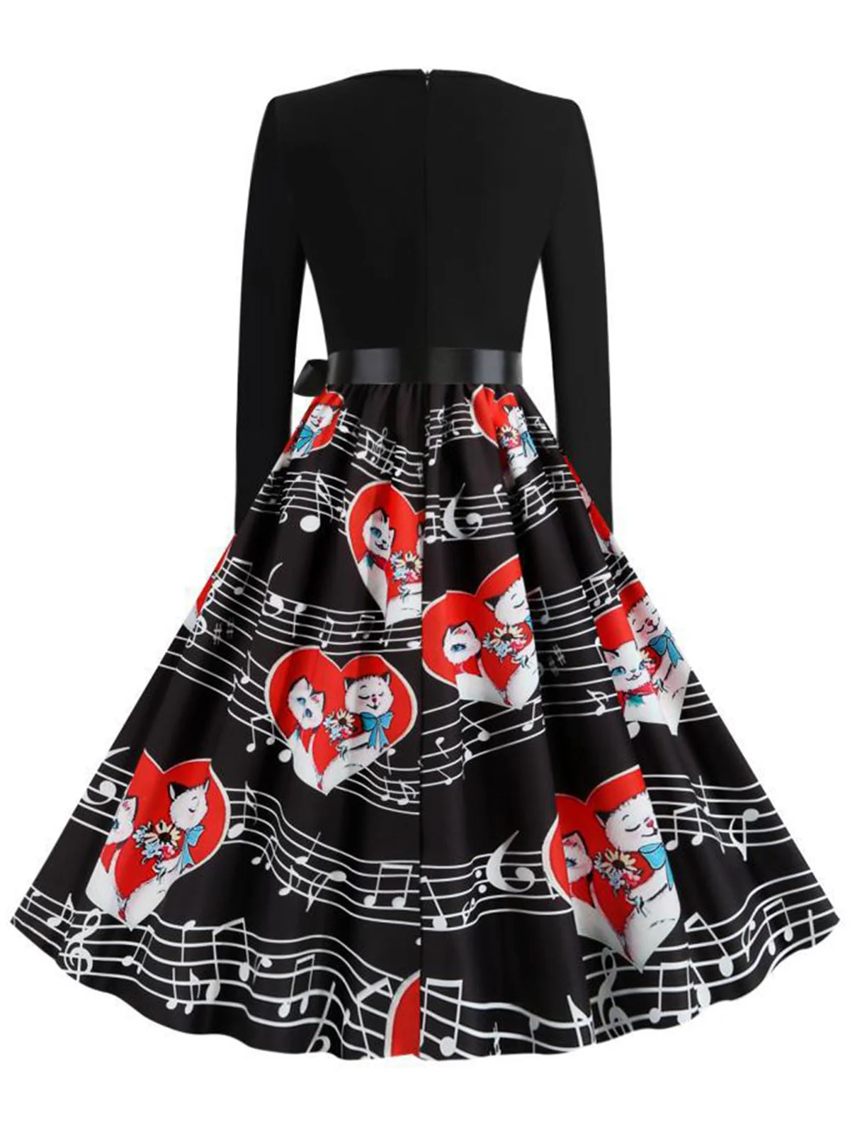 Black 1950s Valentine Cats & Music Note Patchwork Dress - Image 3