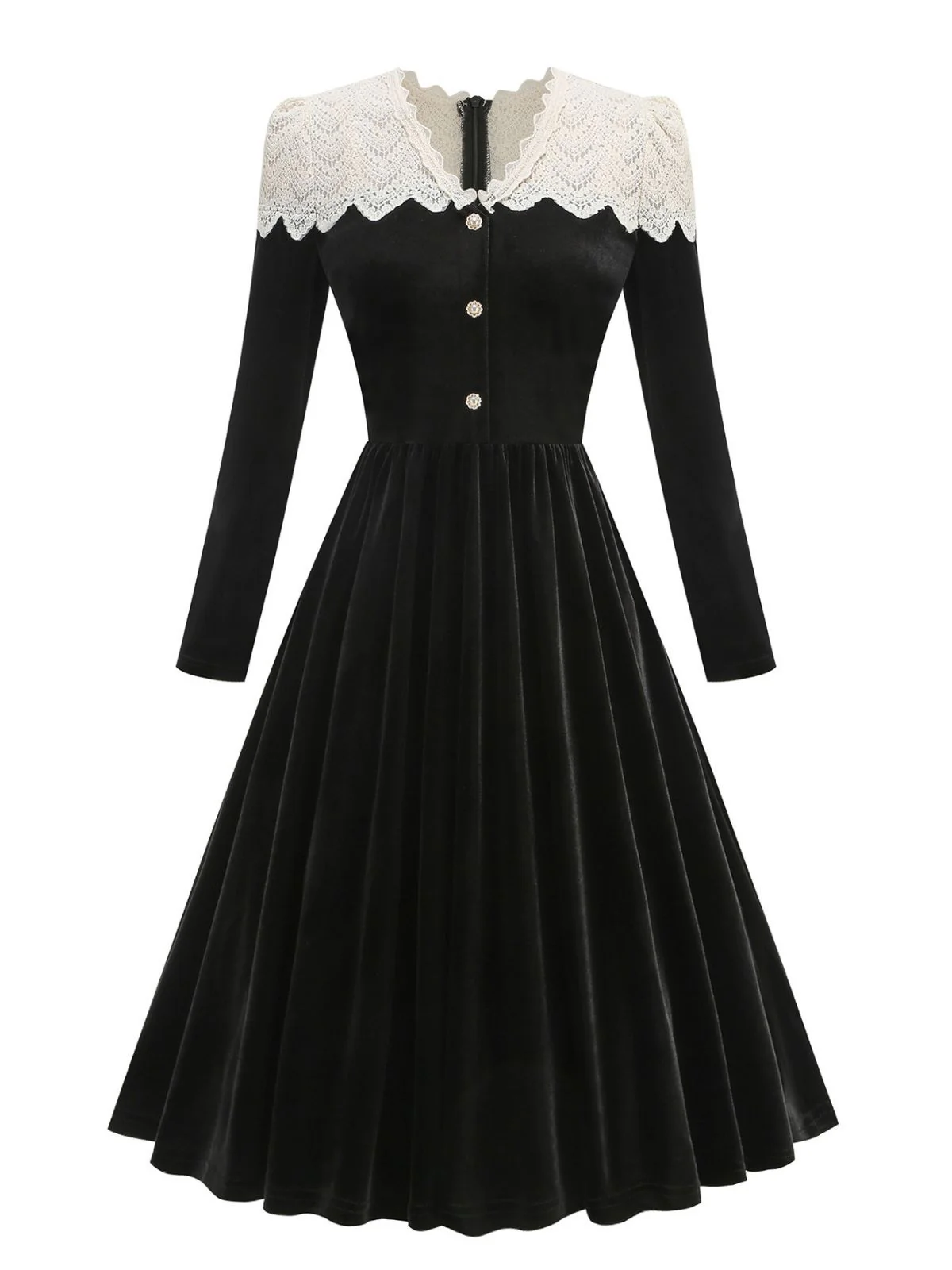 Black 1950s Velvet  Knitted Collar Pearl Button Dress - Image 2