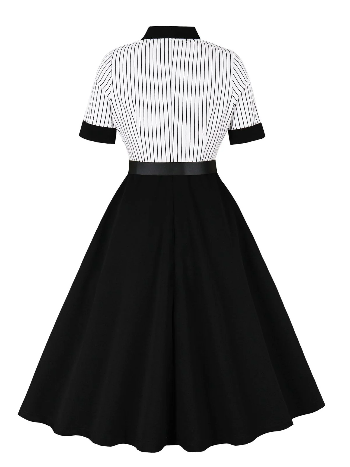 Black 1950s Vertical Stripe Patchwork Lapel Dress - Image 2