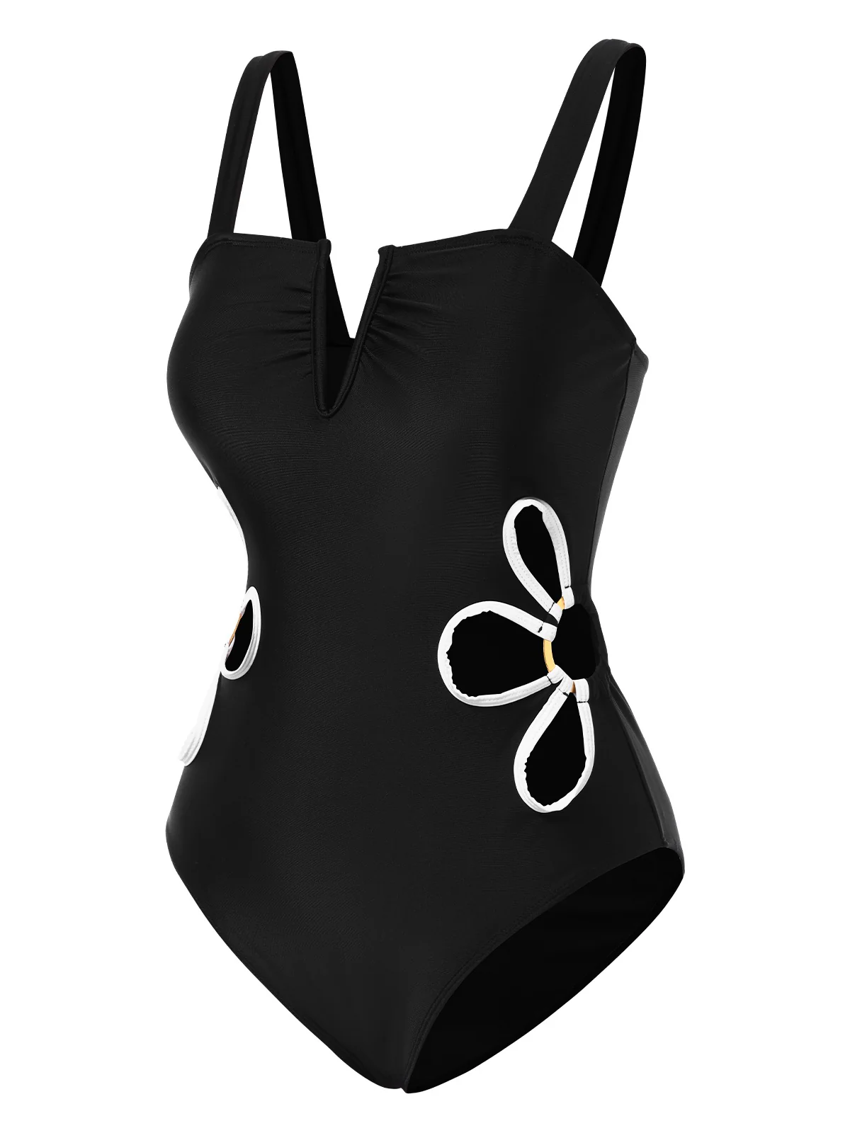Black 1950s White Flower Hollow One-Piece Swimsuit - Image 2