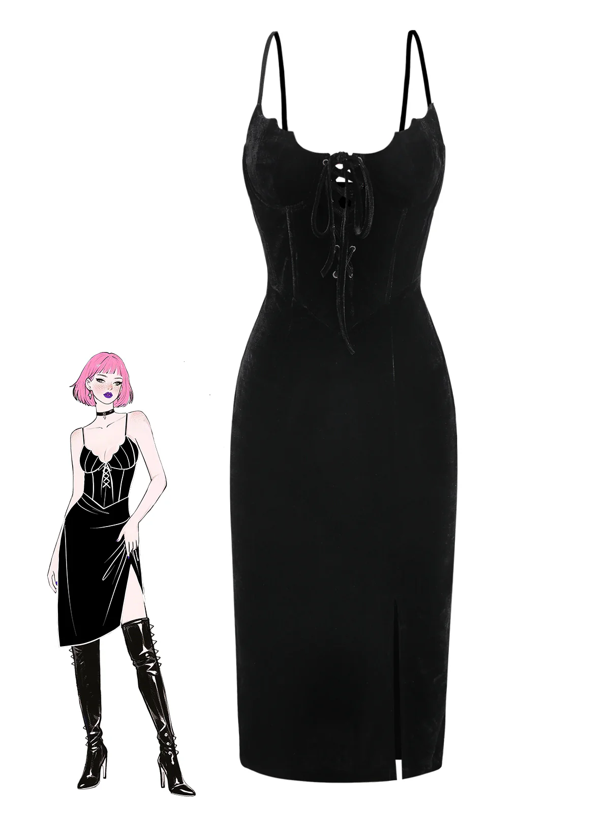 Black 1960s Bat Neckline Velvet Slit Dress - Image 4