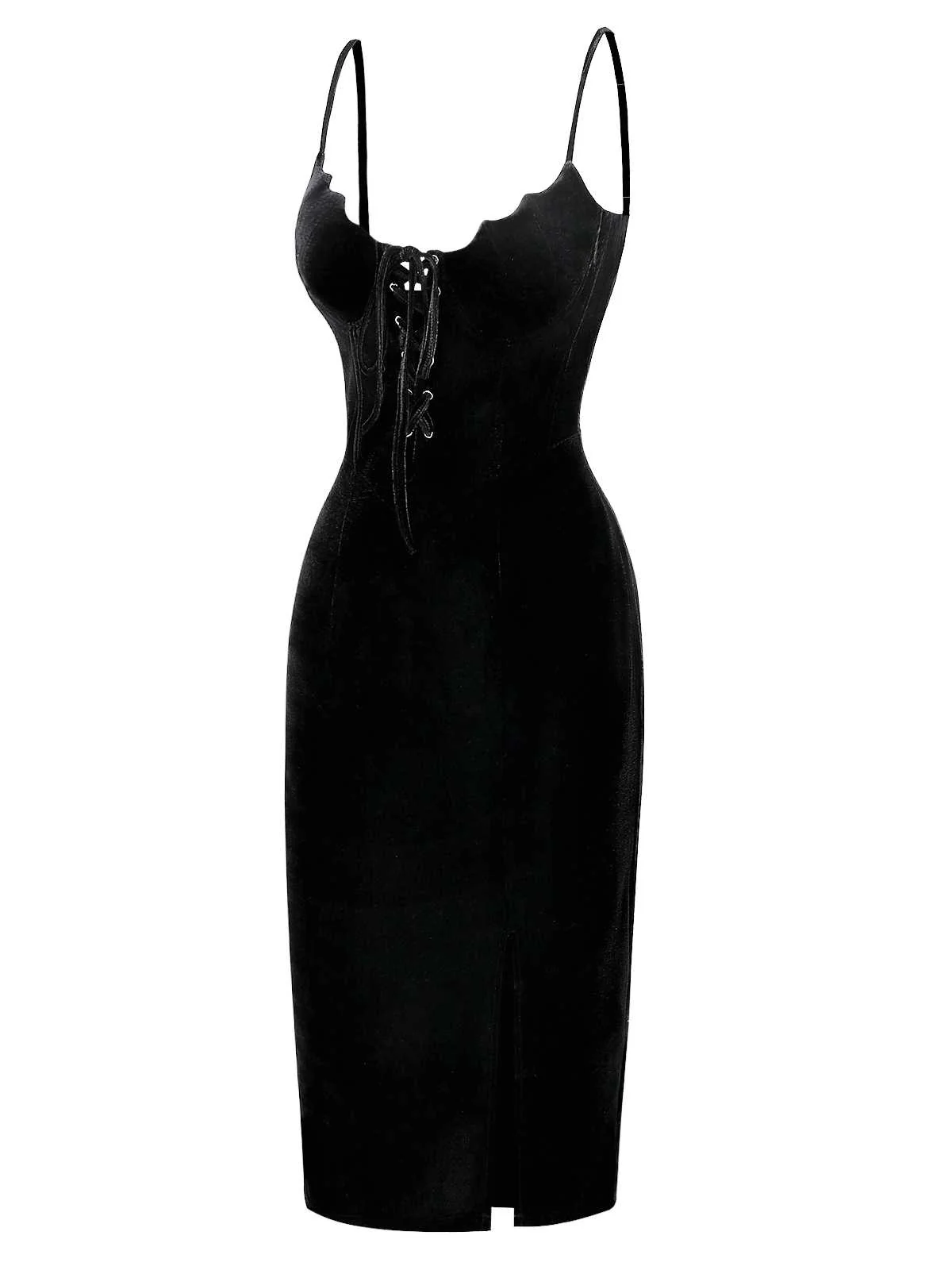 Black 1960s Bat Neckline Velvet Slit Dress - Image 6