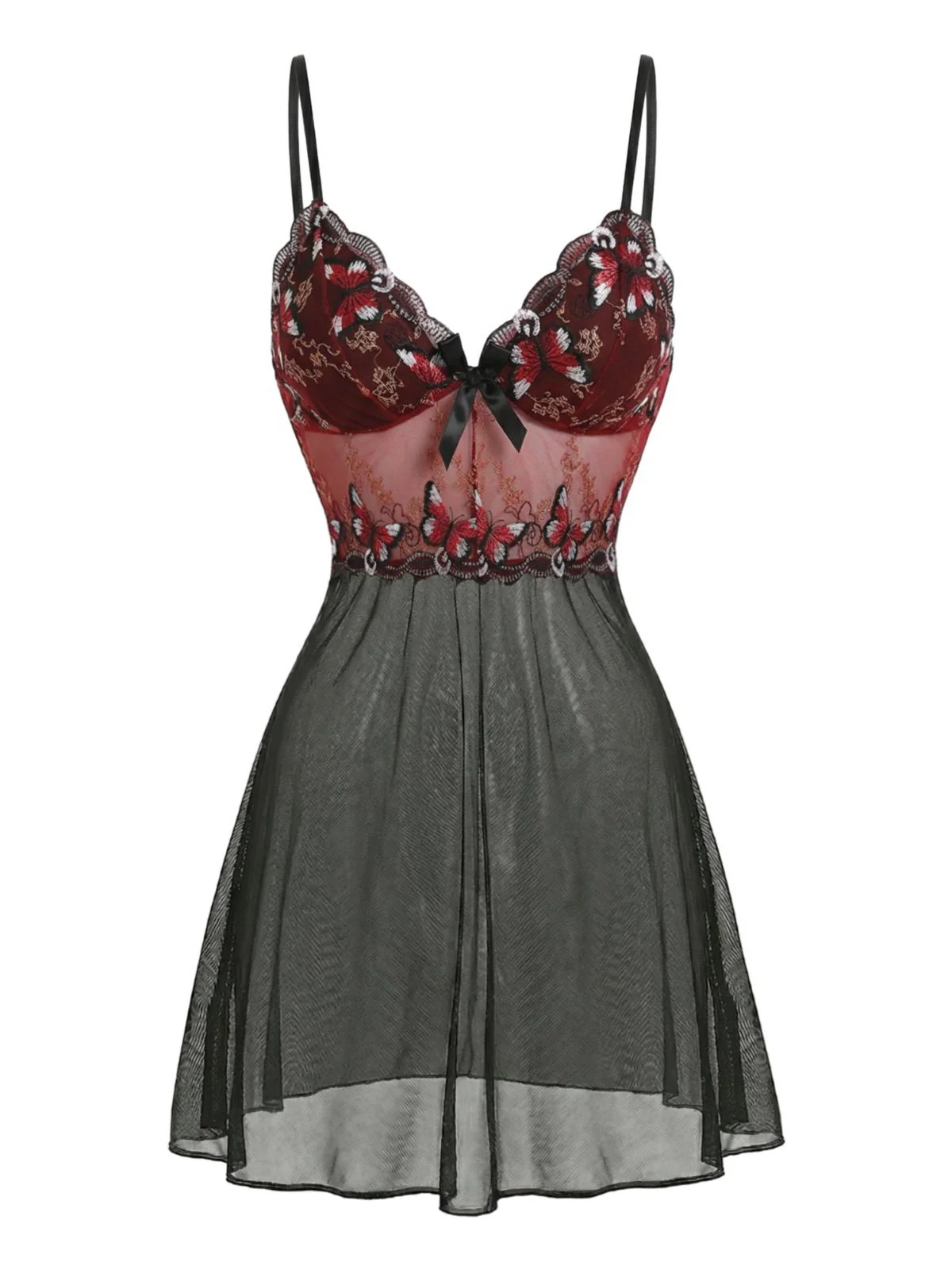 Black 1960s Butterfly Embroidered Bow Mesh Strap Nightgown - Image 2