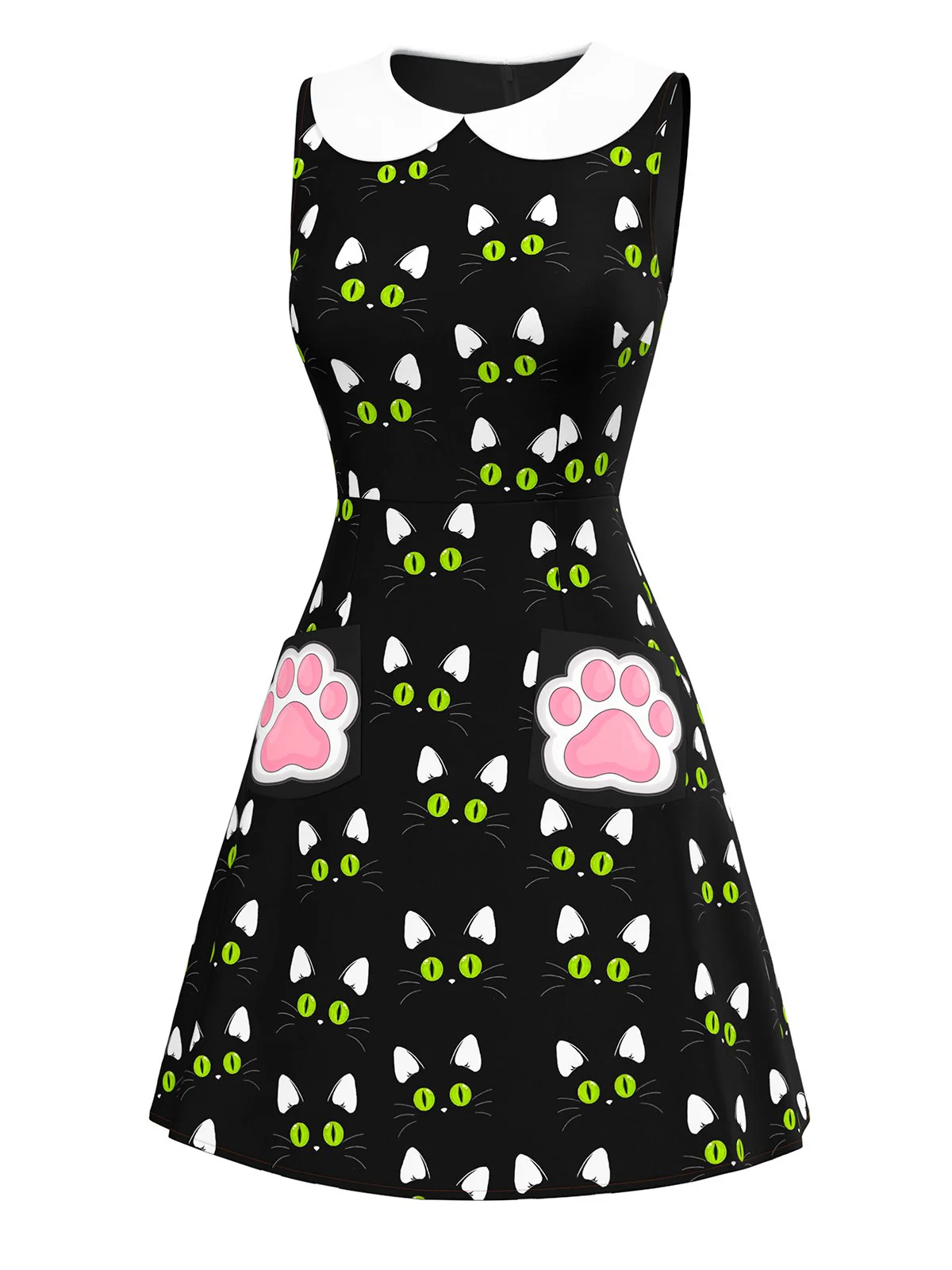 Black 1960s Cat Print Paw Pockets Dress - Image 2