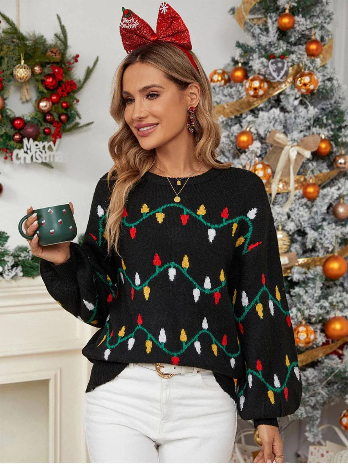 Black 1960s Christmas Lights Knit Sweater - Image 3