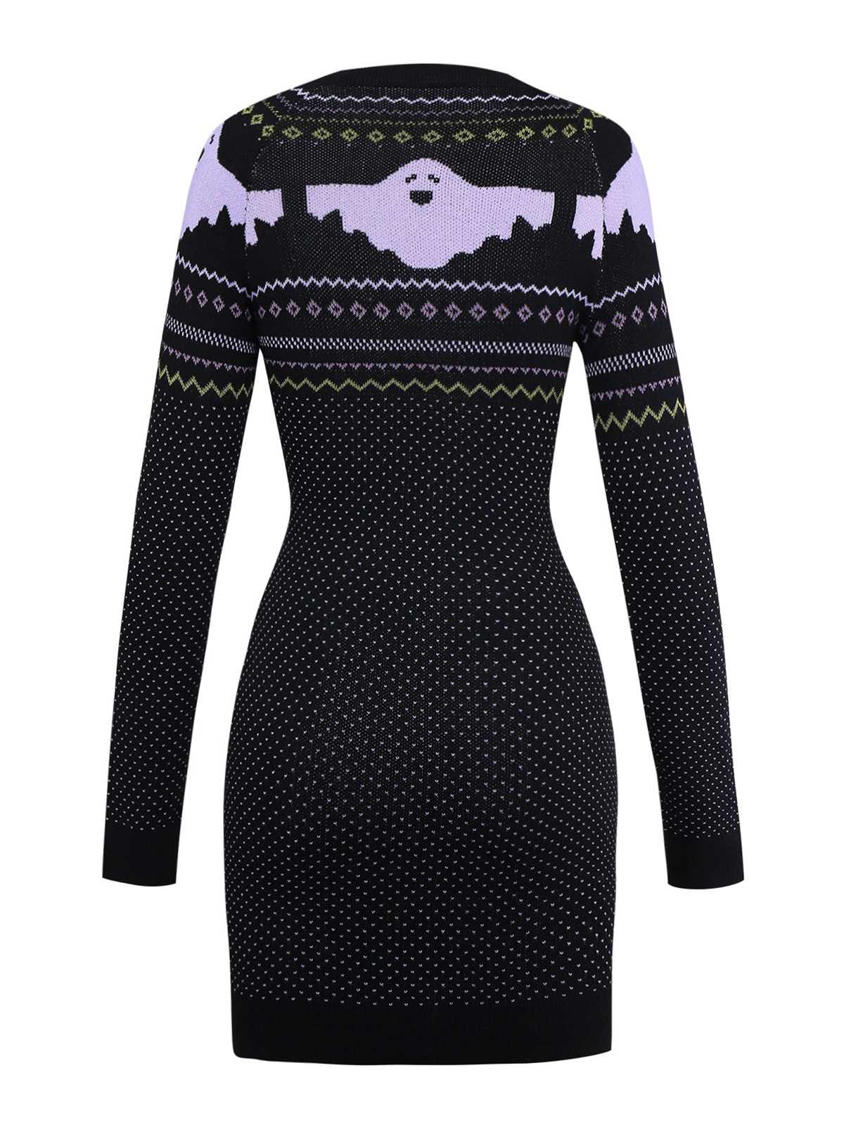 Black 1960s Dots Halloween Ghost Sweater Dress - Image 2