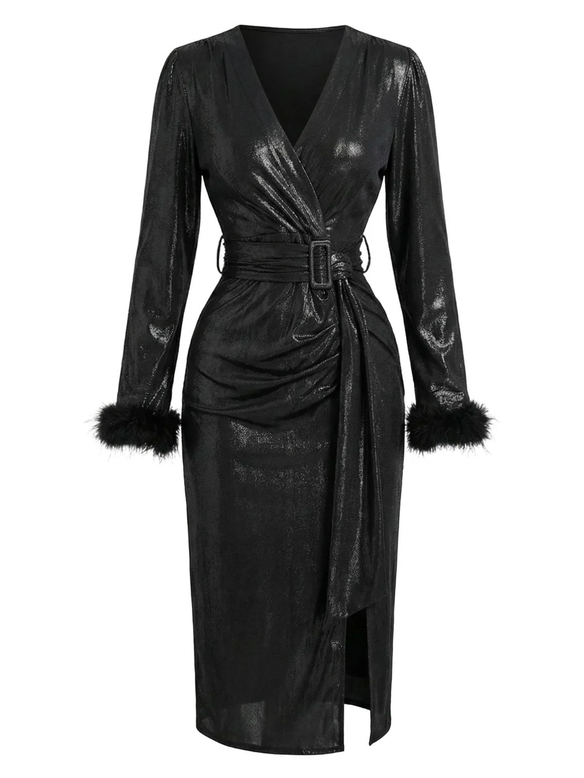 Black 1960s Faux Leather Belted Feather Sleeve Dress - Image 2