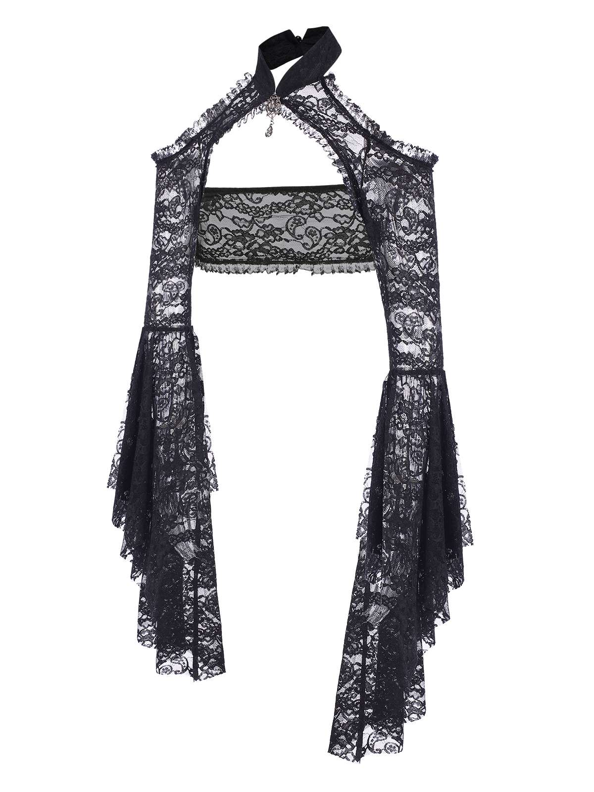 Black 1960s Flare Sleeved Lace Rhinestone Sheer Cape - Image 3