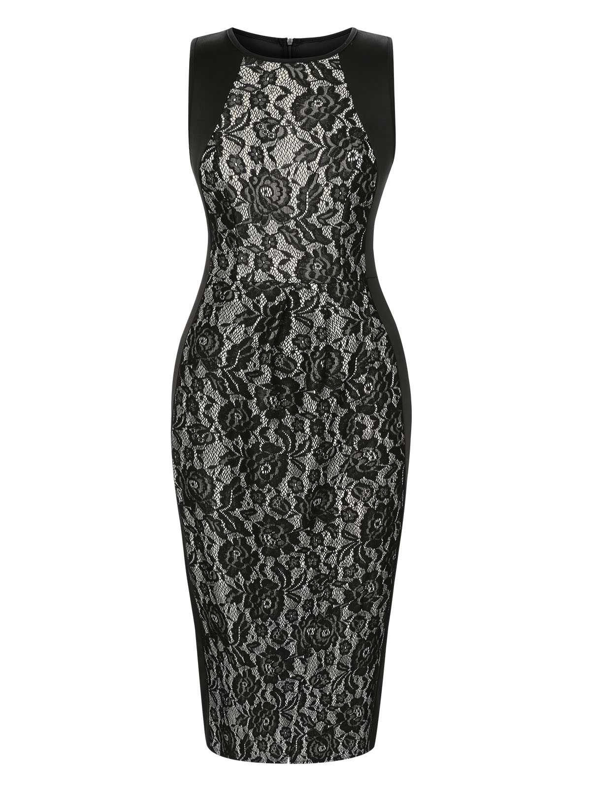 Black 1960s Floral Lace Slit Sleeveless Dress - Image 2