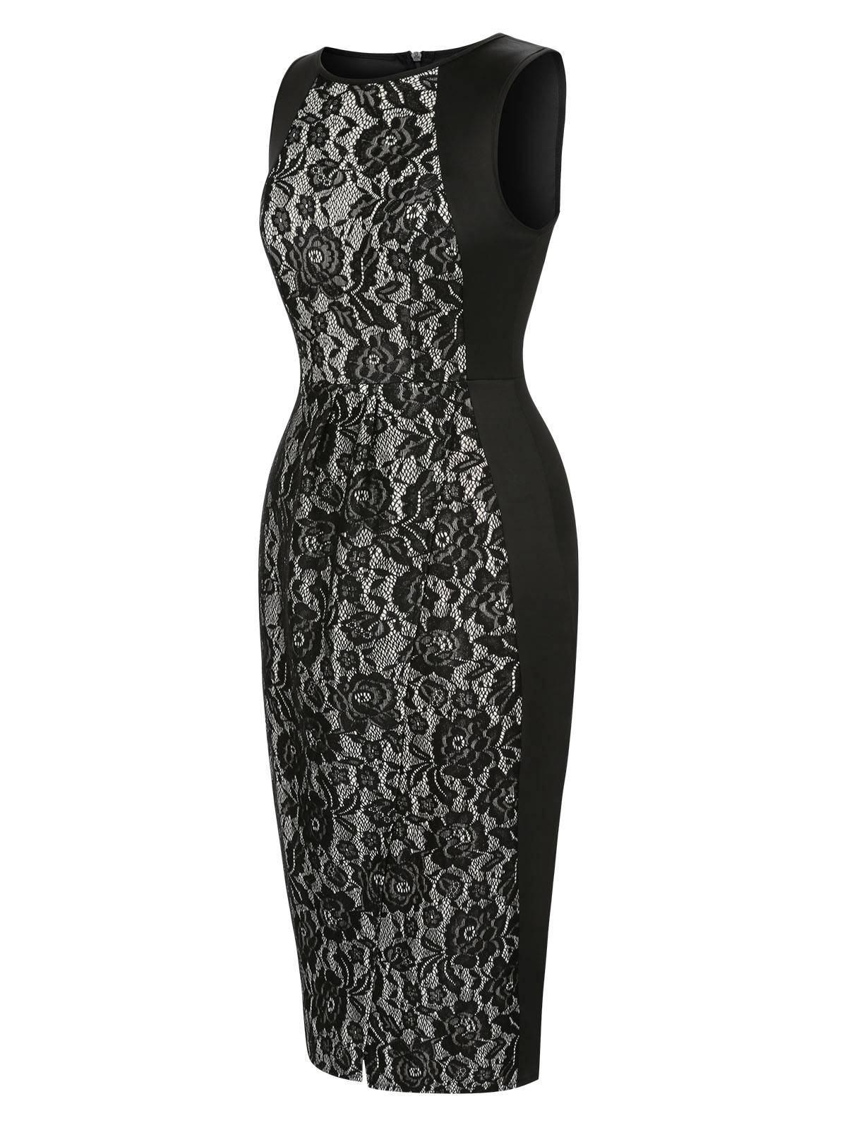 Black 1960s Floral Lace Slit Sleeveless Dress - Image 4