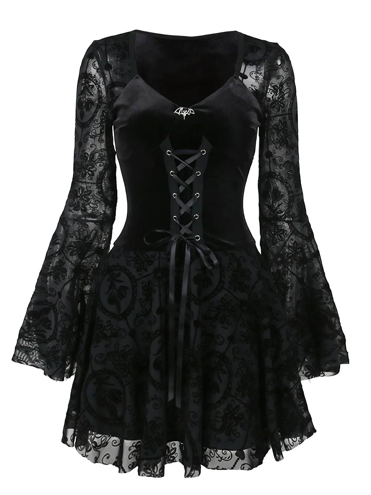 Black 1960s Gothic Flocked Dress - Image 11