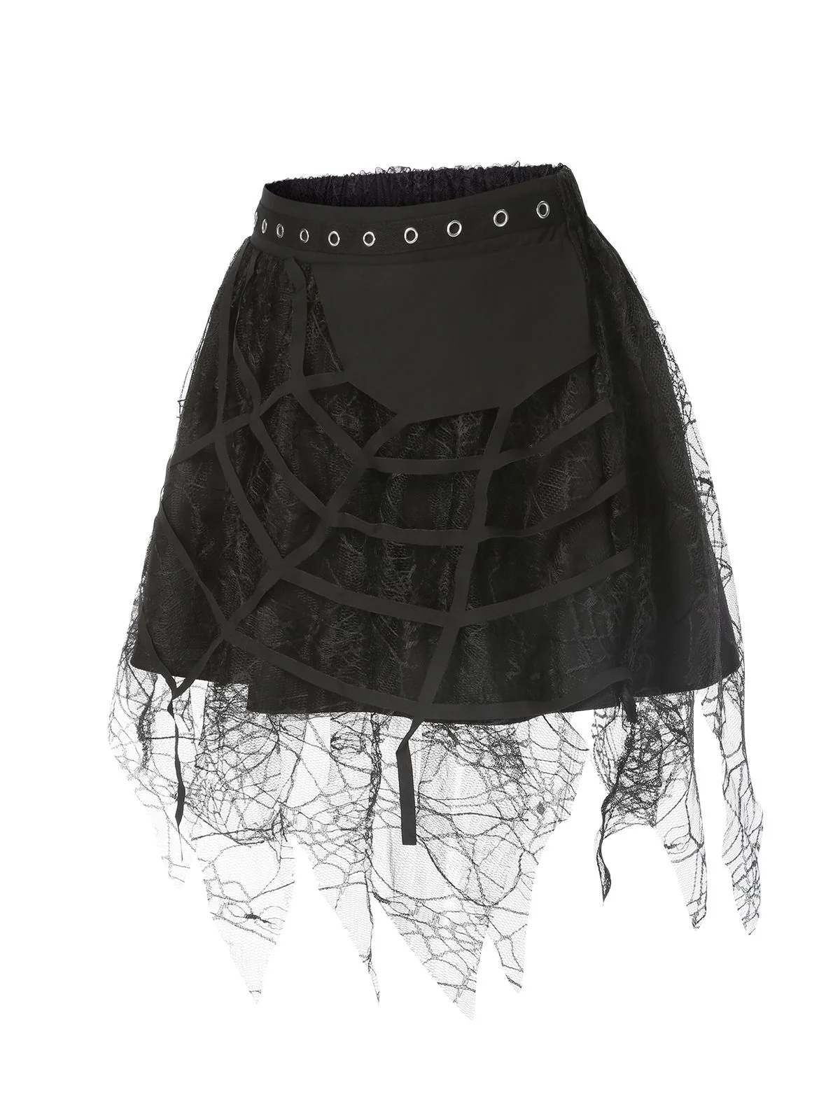 Black 1960s Grommet Halloween Spider Web Lace Skirt - Image 2