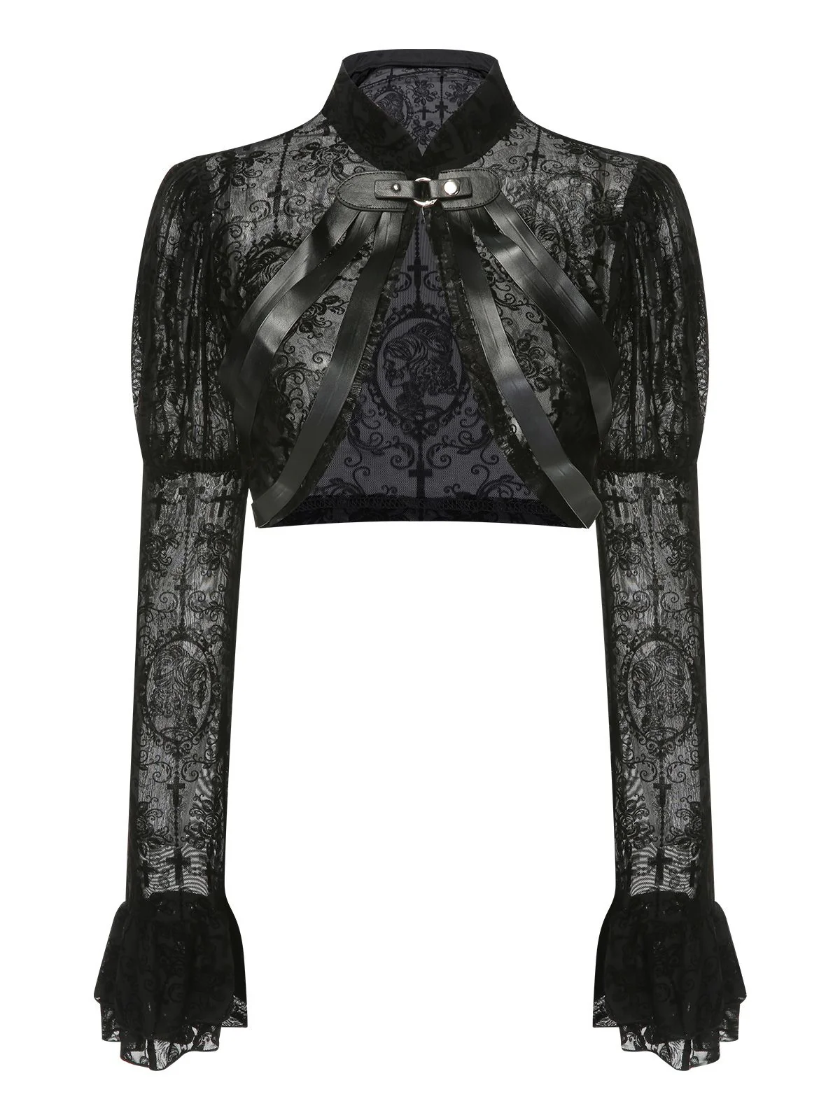Black 1960s Halloween Lace Gothic Buckle Top - Image 2