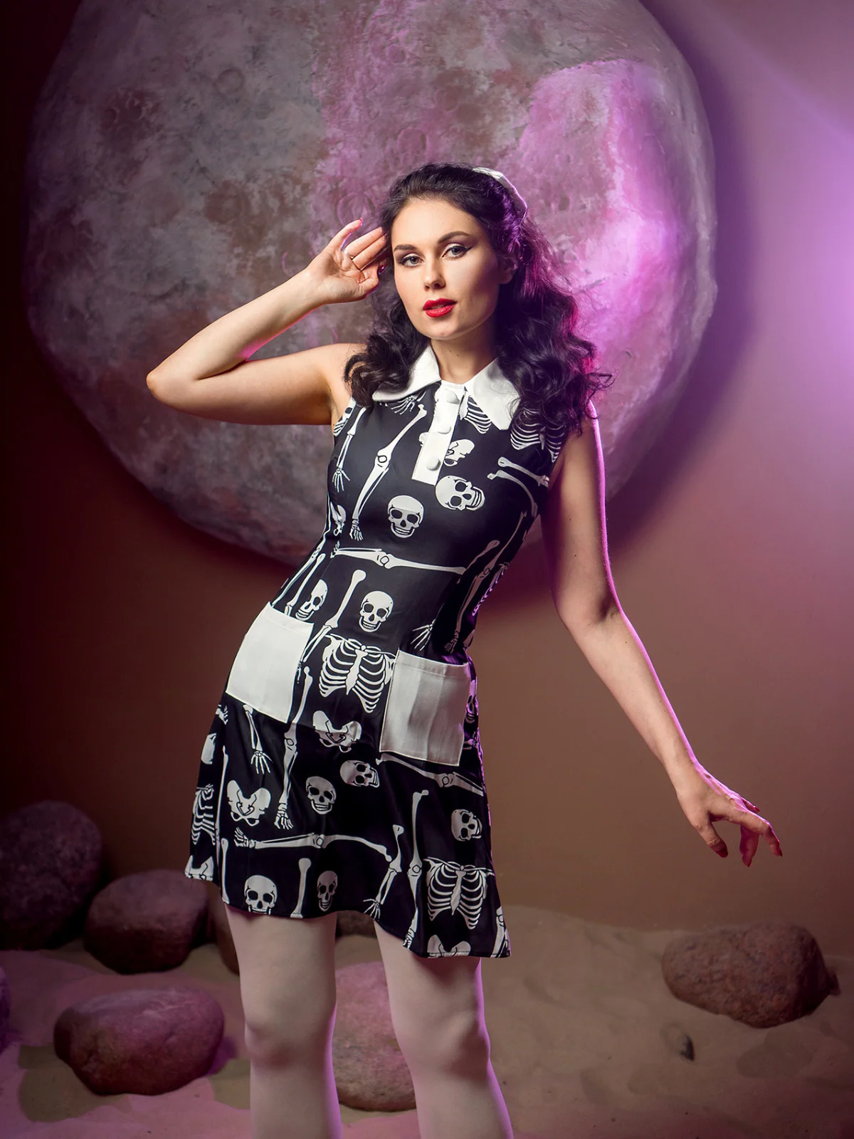 Black 1960s Halloween Skeleton Lapel Mod Dress - Image 2