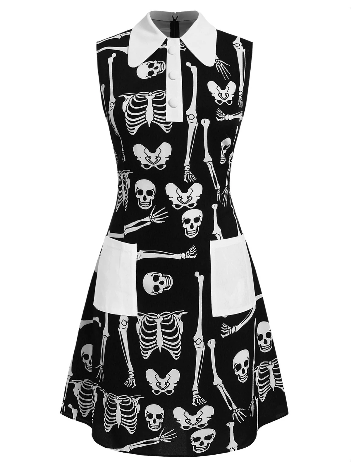 Black 1960s Halloween Skeleton Lapel Mod Dress - Image 2