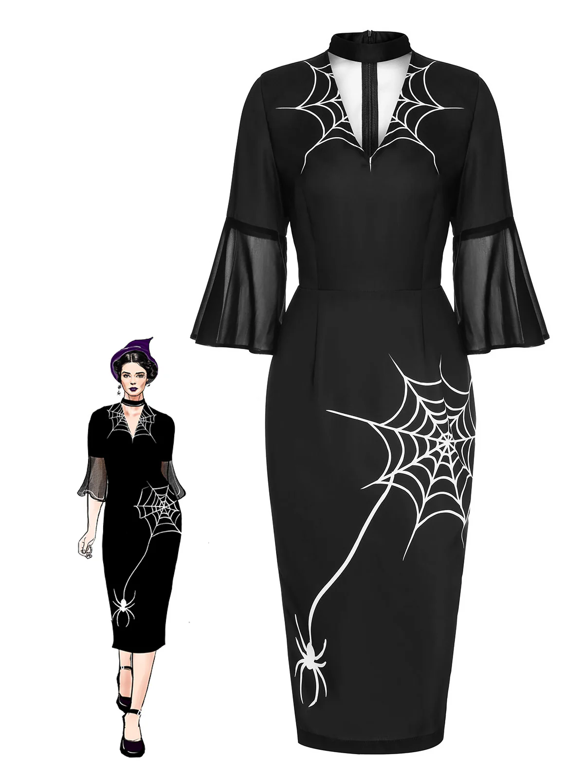 Black 1960s Halloween Spider Net Bell Pencil Dress - Image 2