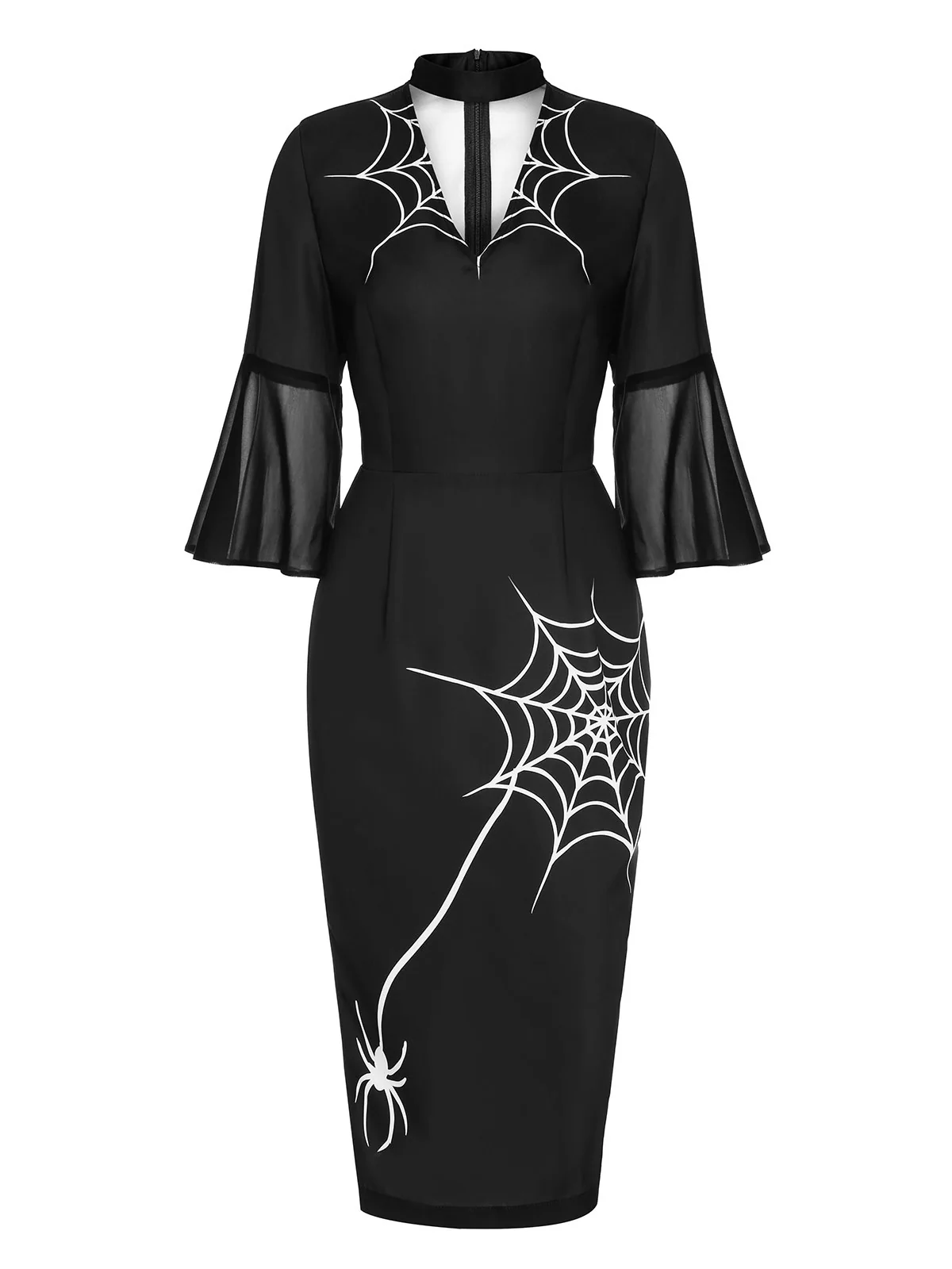 Black 1960s Halloween Spider Net Bell Pencil Dress - Image 3