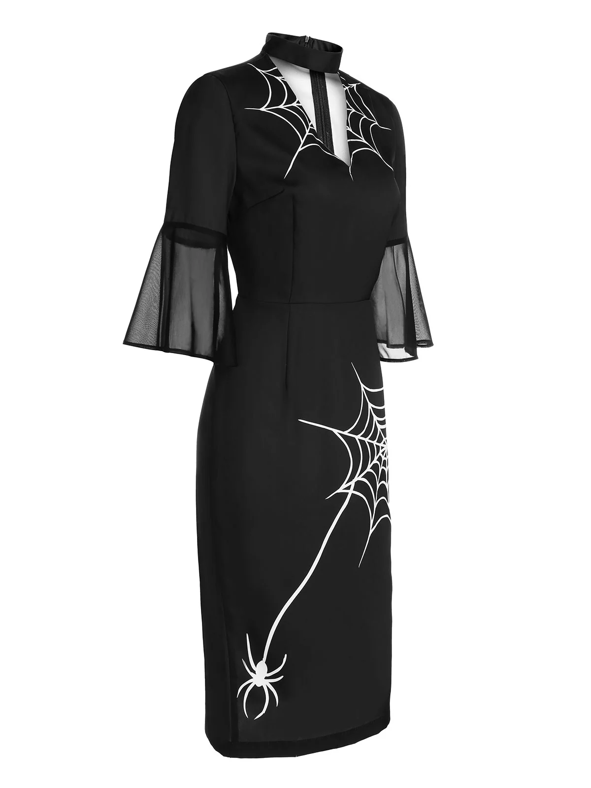 Black 1960s Halloween Spider Net Bell Pencil Dress - Image 4