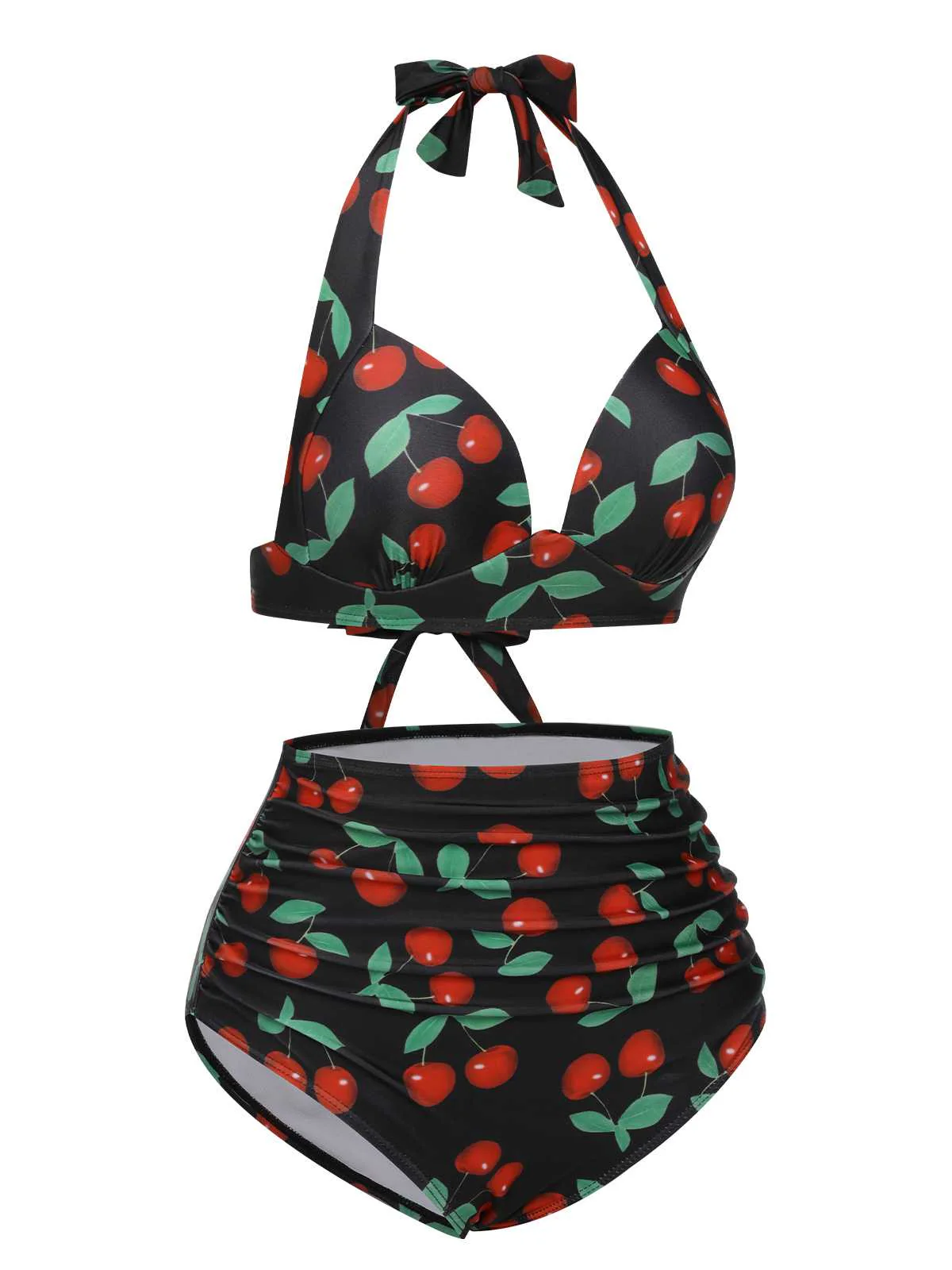 Black 1960s Halter Cherry Swimsuit - Image 2