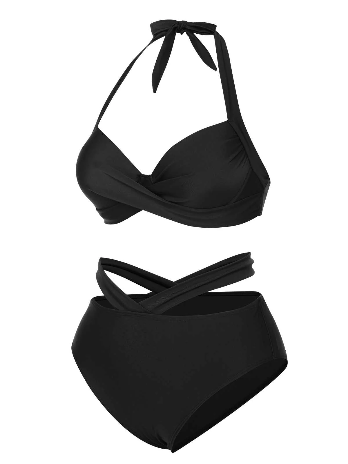 Black 1960s Halter Solid Swimsuit - Image 2