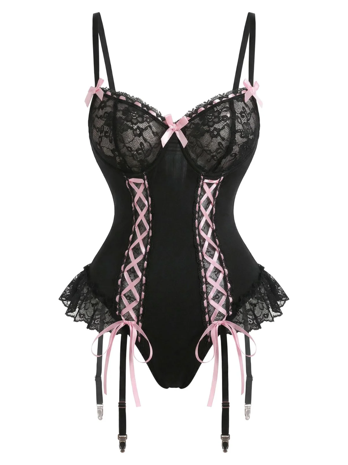 Black 1960s Lace Bow Corset Lingerie Set with Fishnet Stockings - Image 2