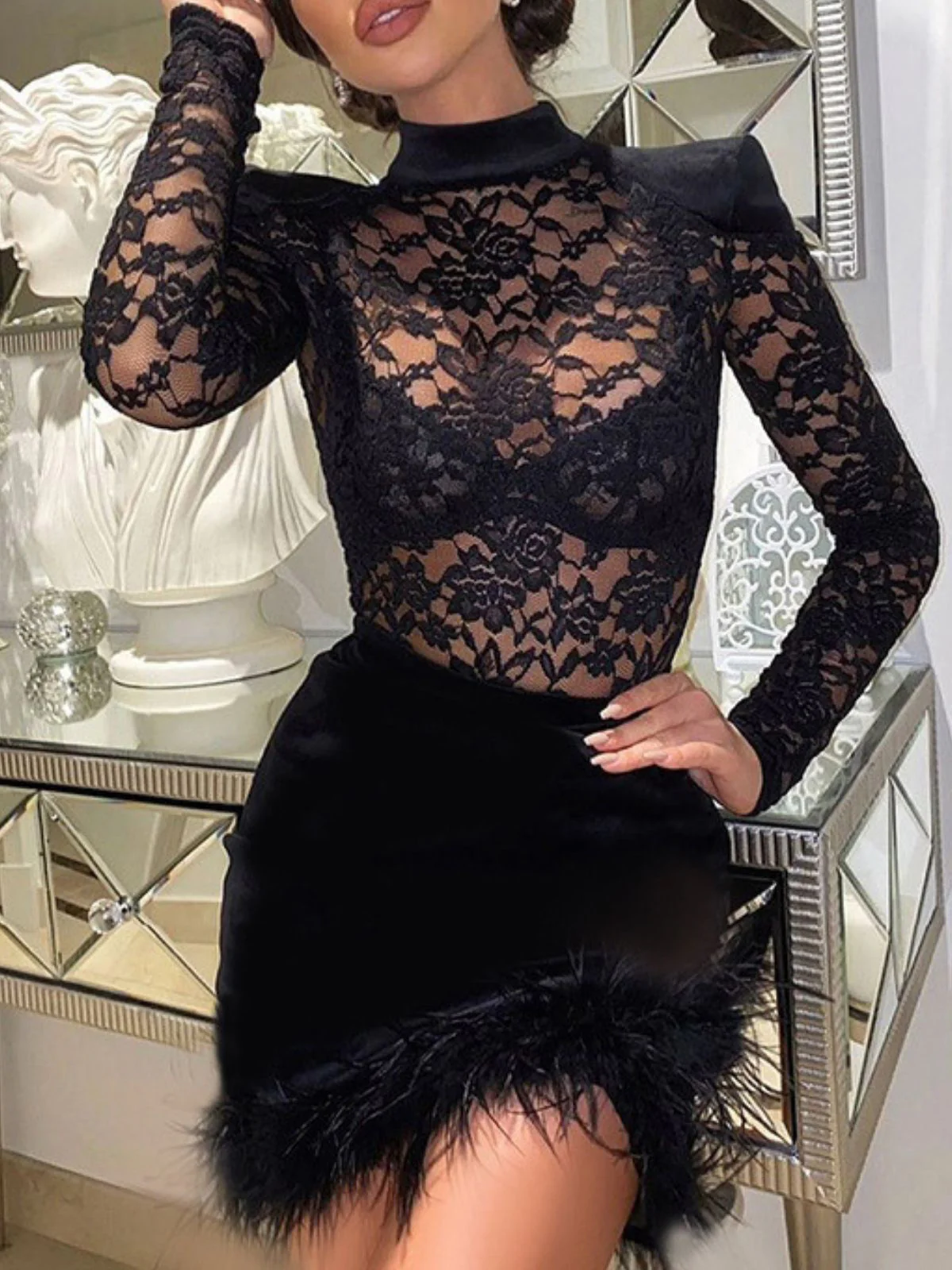 Black 1960s Lace Feather Hem Velvet Bodycon Dress - Image 2