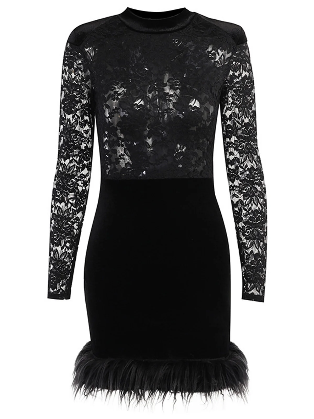 Black 1960s Lace Feather Hem Velvet Bodycon Dress - Image 4