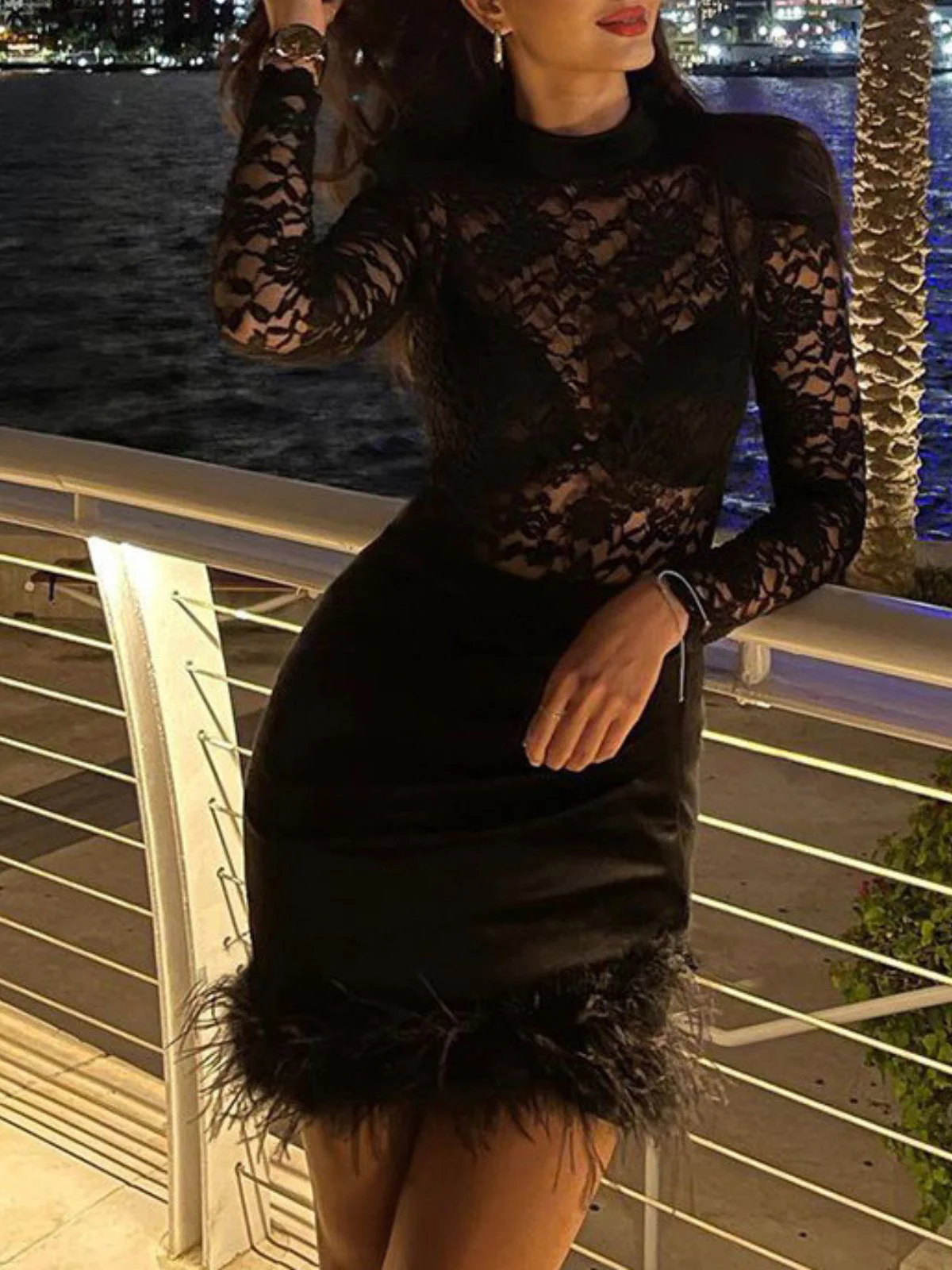 Black 1960s Lace Feather Hem Velvet Bodycon Dress - Image 9