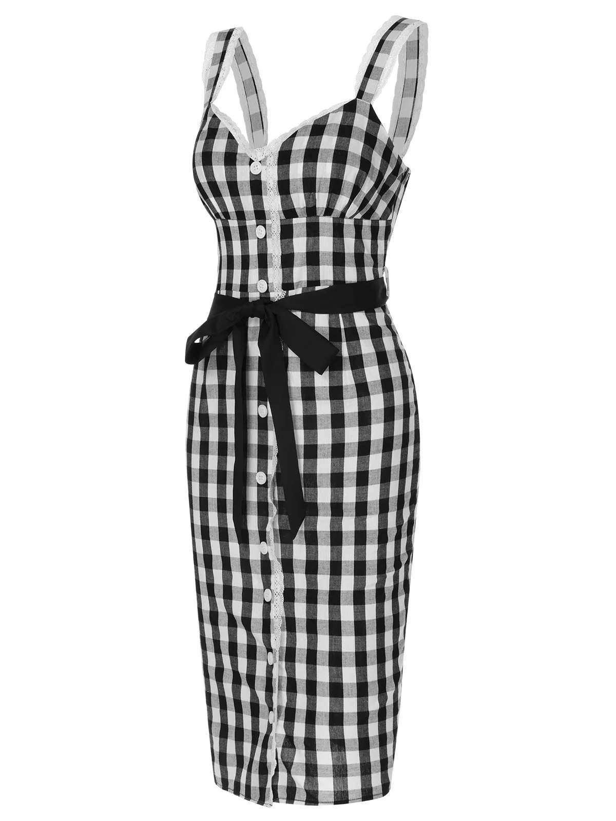 Black 1960s Lace Trim Gingham Bow Dress - Image 4